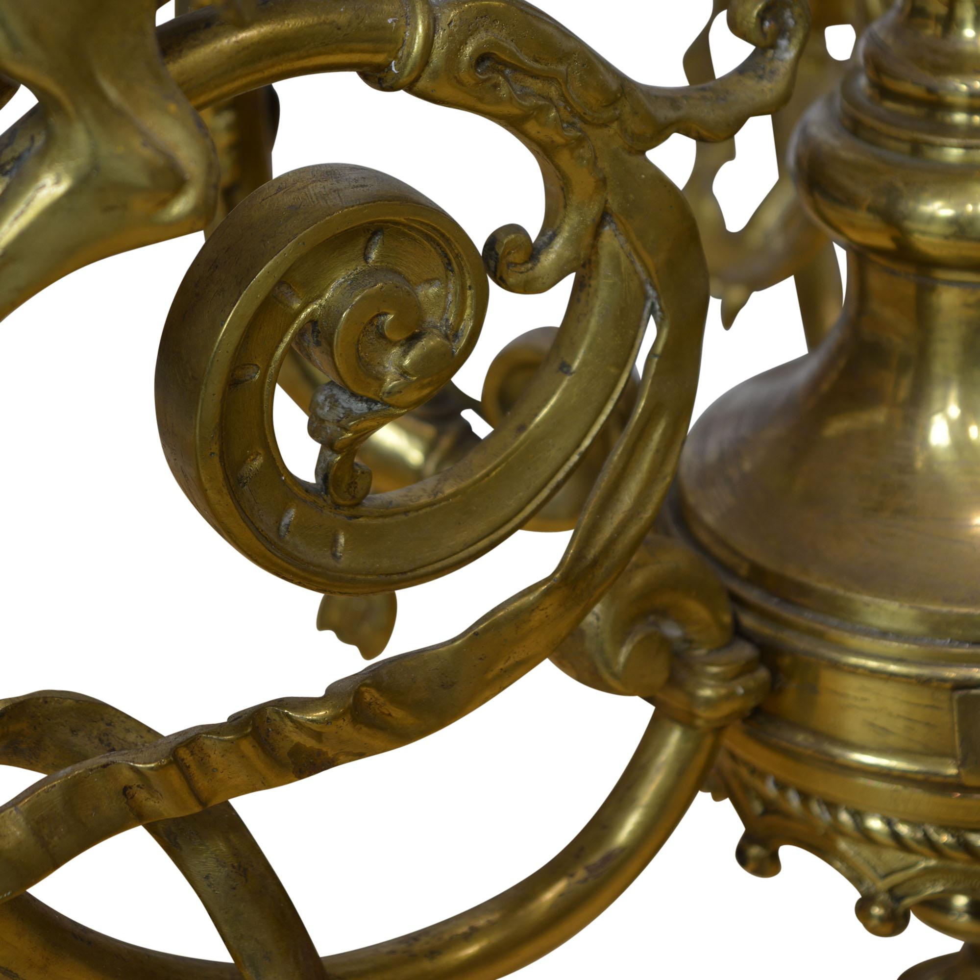 Late 19th Century Napoleon III Brass Chandelier with Griffon Adorned Arms 9 Lights For Sale