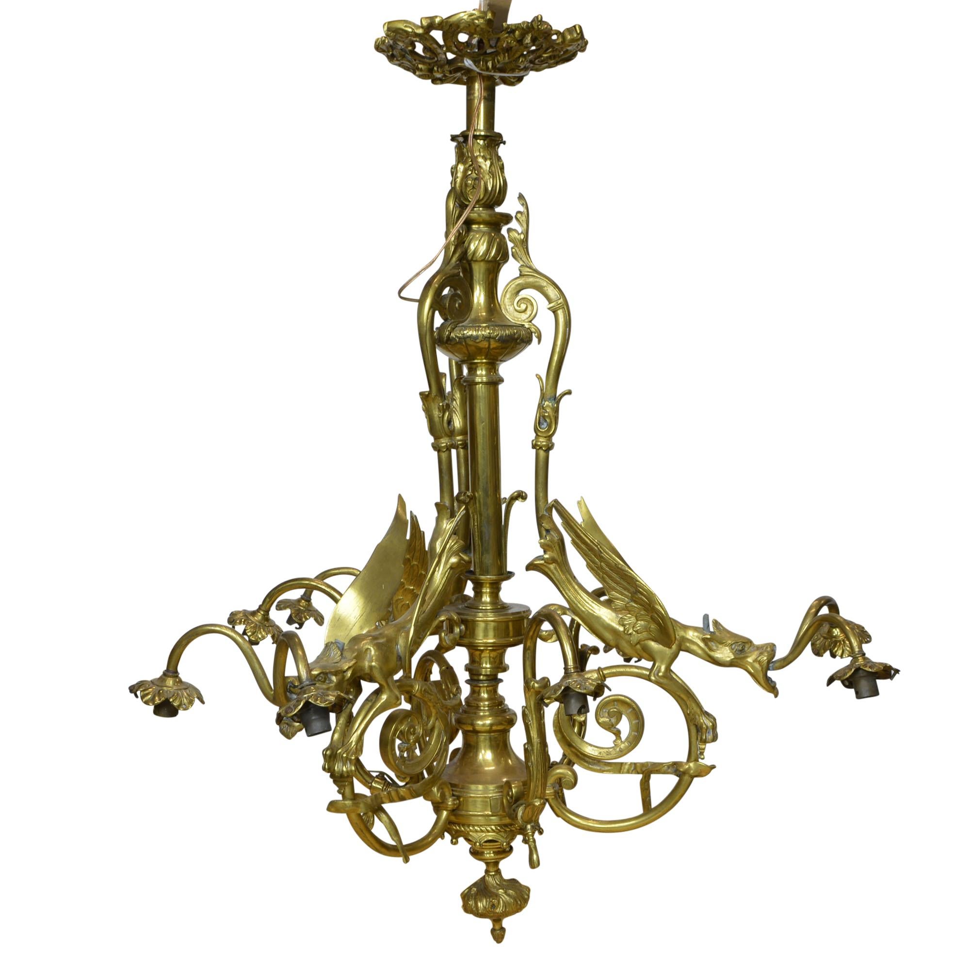Napoleon III Brass Chandelier with Griffon Adorned Arms 9 Lights For Sale