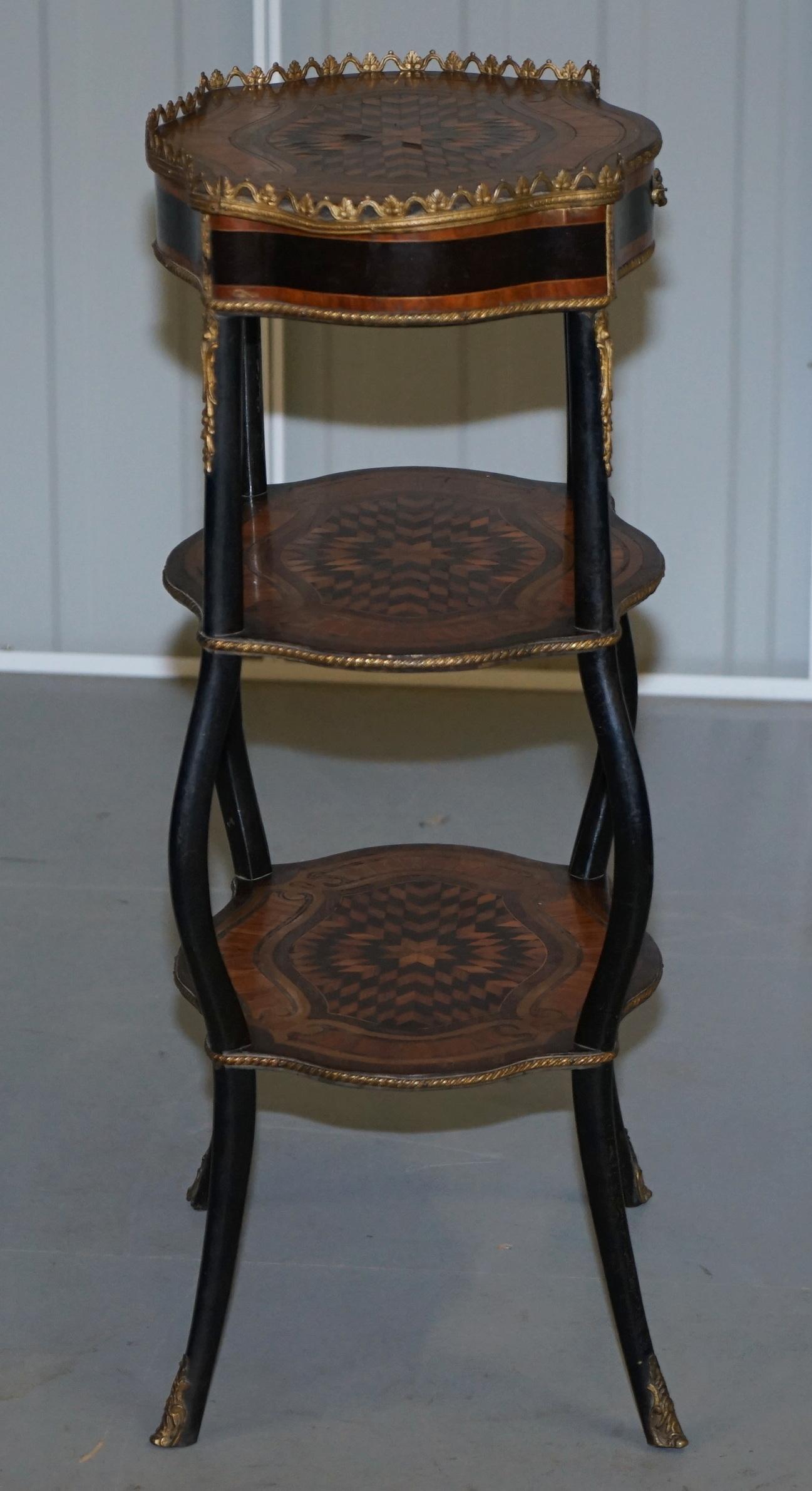 Napoleon III Brass Gallery Fruitwood Ebonised and Inlaid Three-Tired Side Table For Sale 6