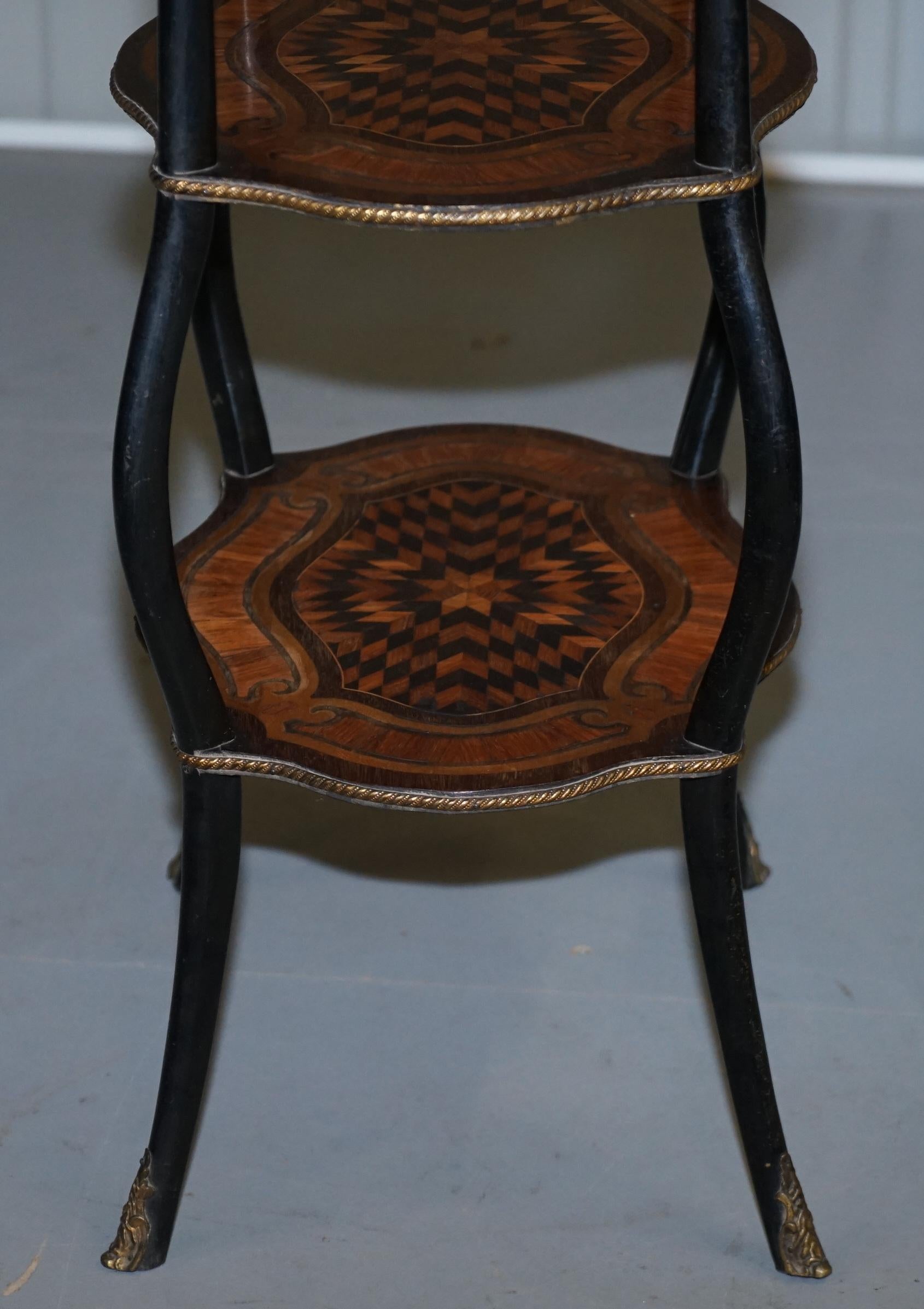 Napoleon III Brass Gallery Fruitwood Ebonised and Inlaid Three-Tired Side Table For Sale 7