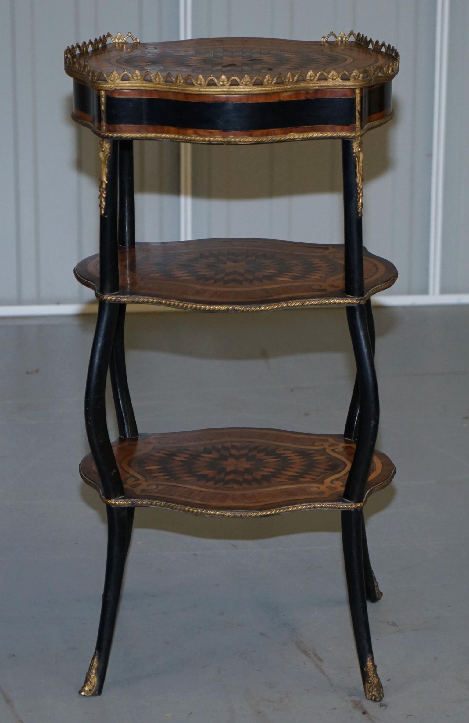 Napoleon III Brass Gallery Fruitwood Ebonised and Inlaid Three-Tired Side Table For Sale 8