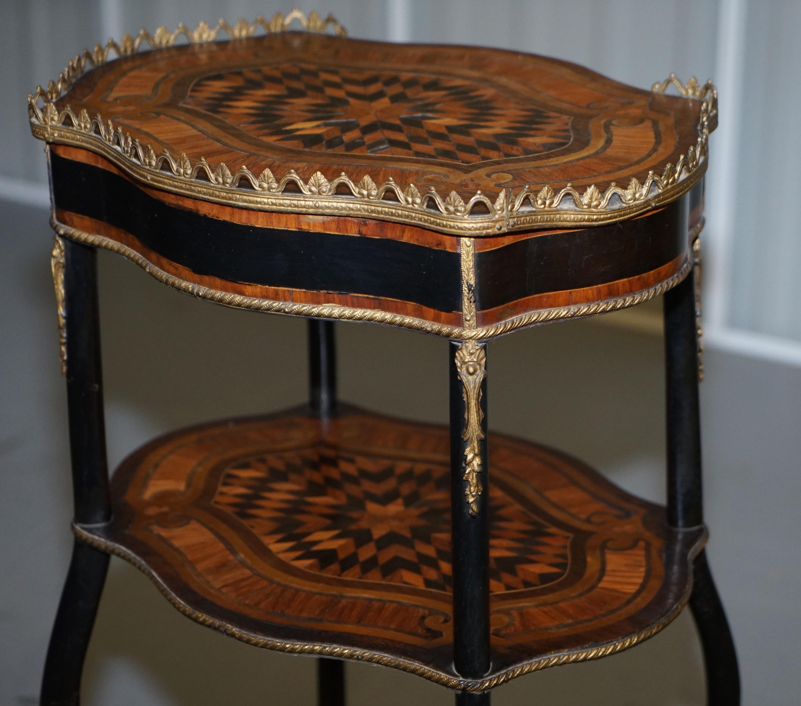 Napoleon III Brass Gallery Fruitwood Ebonised and Inlaid Three-Tired Side Table For Sale 9