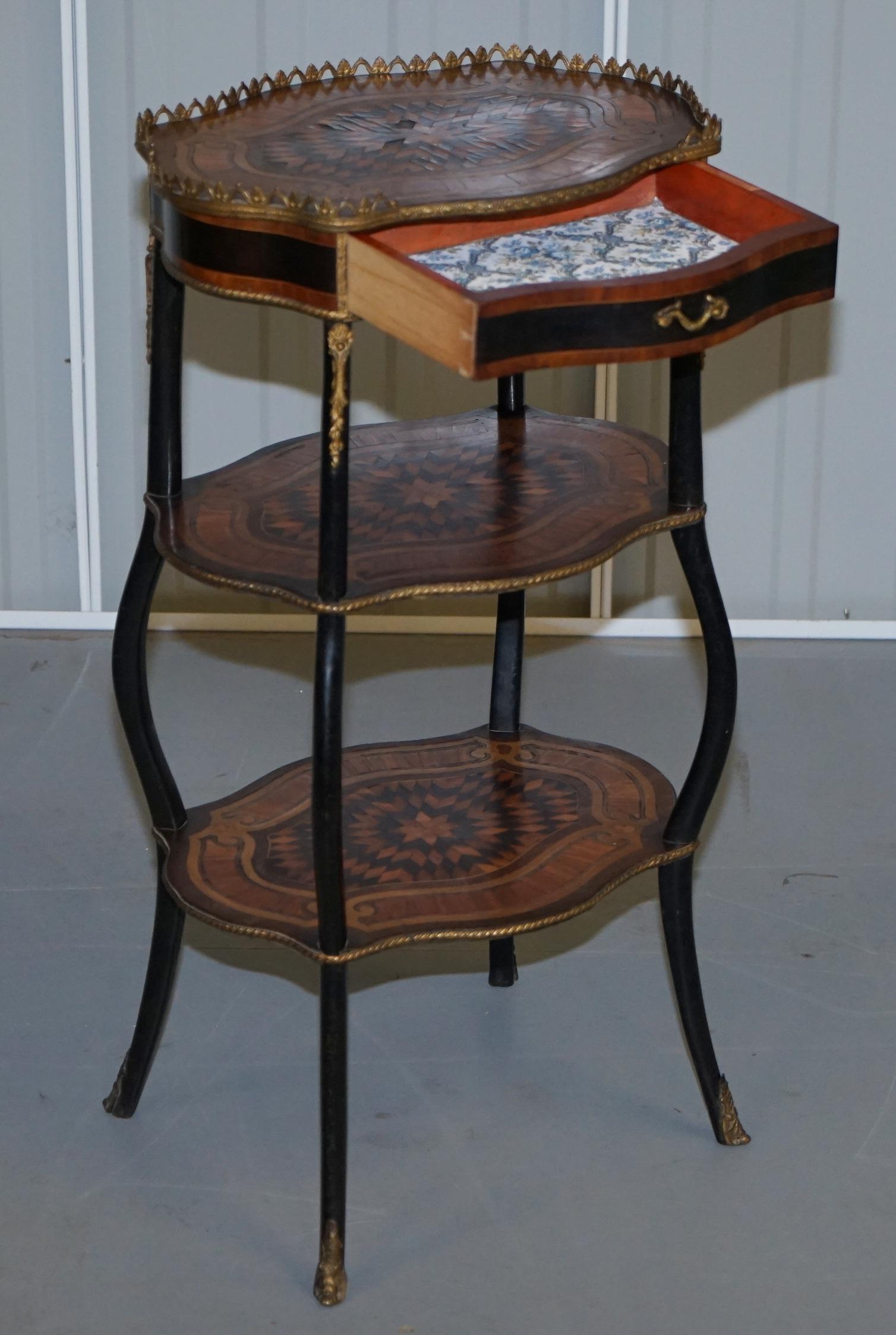 Napoleon III Brass Gallery Fruitwood Ebonised and Inlaid Three-Tired Side Table For Sale 11