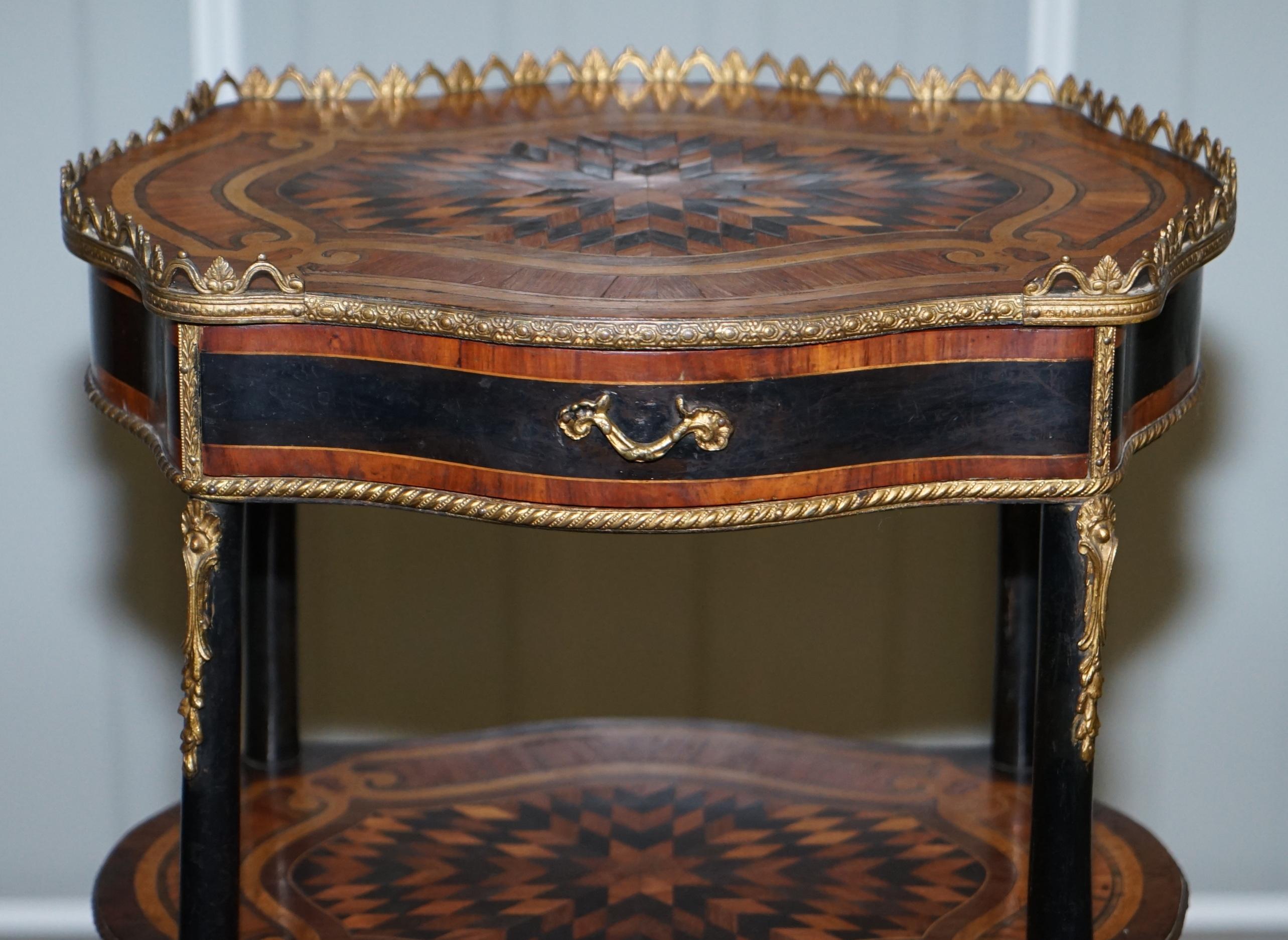 19th Century Napoleon III Brass Gallery Fruitwood Ebonised and Inlaid Three-Tired Side Table For Sale
