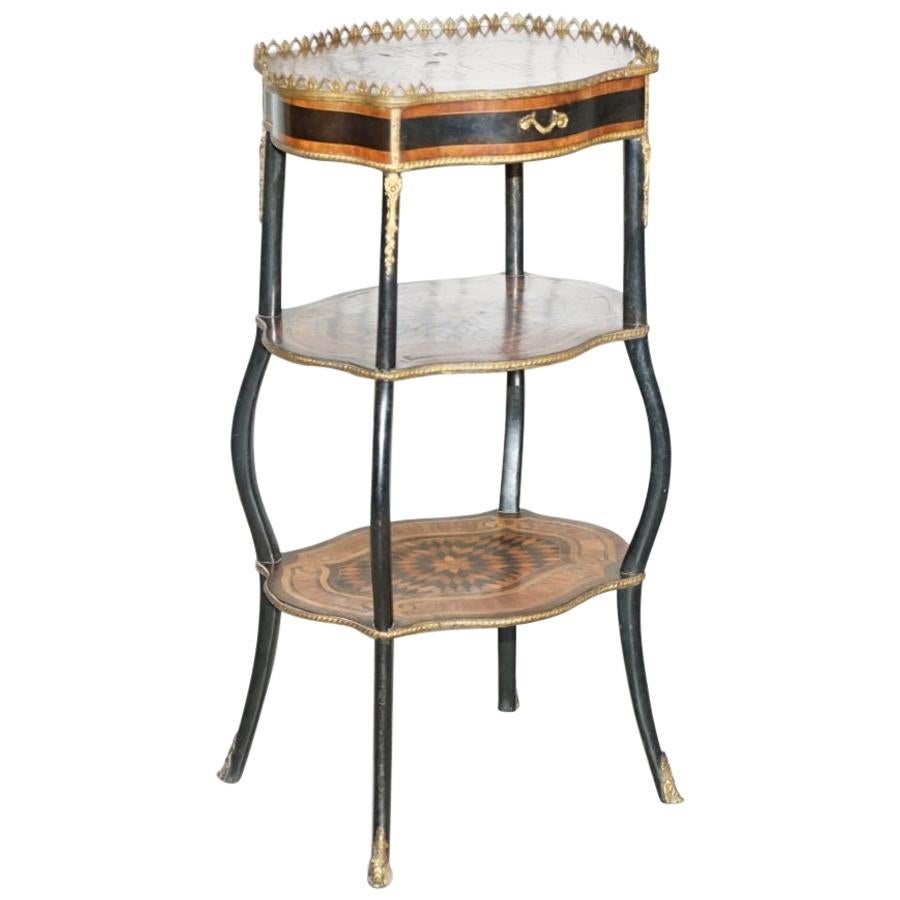 Napoleon III Brass Gallery Fruitwood Ebonised and Inlaid Three-Tired Side Table For Sale
