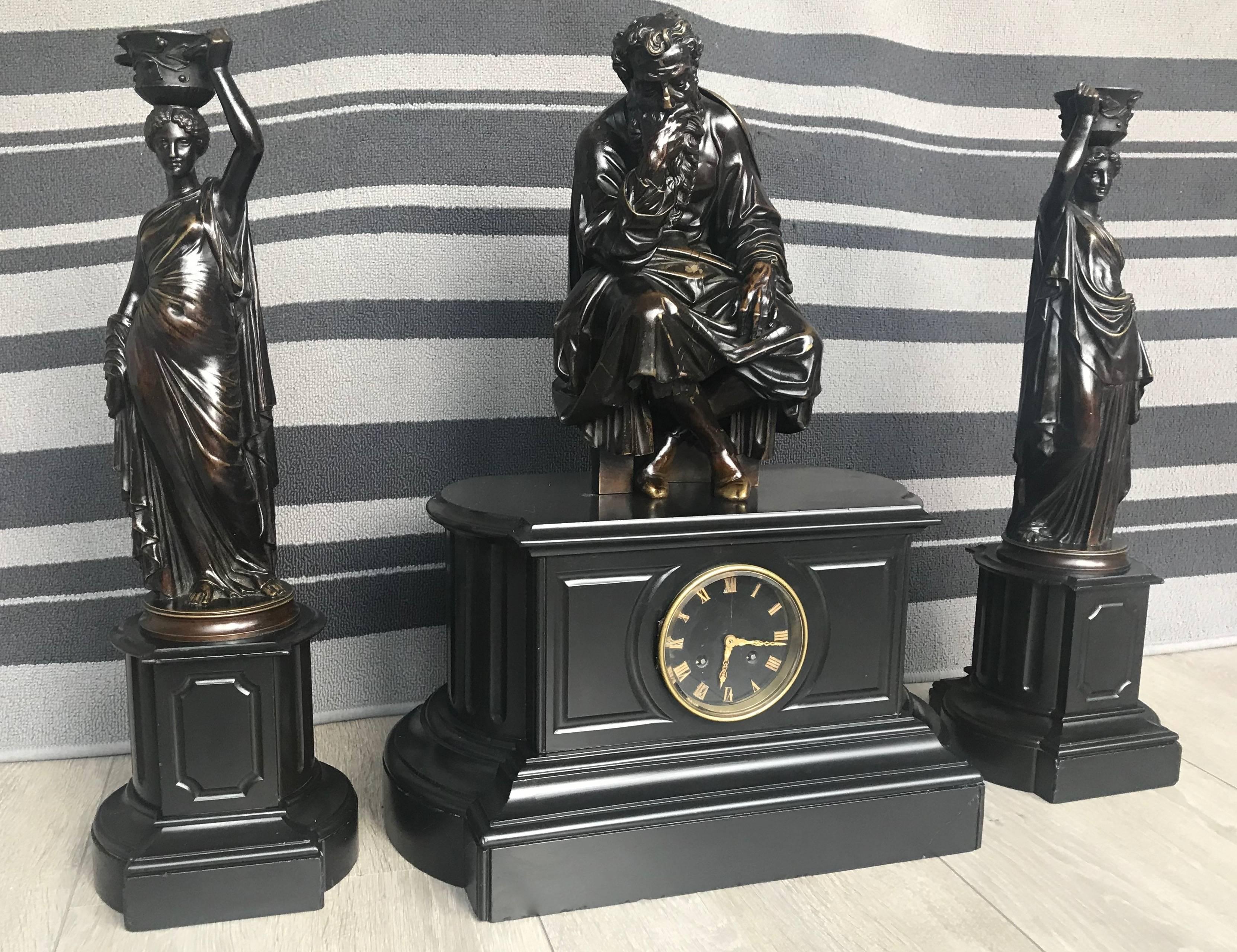 Rare Bronze & Black Marble Clock Set by Deniere A Paris the Philosopher, c.1860 For Sale 8