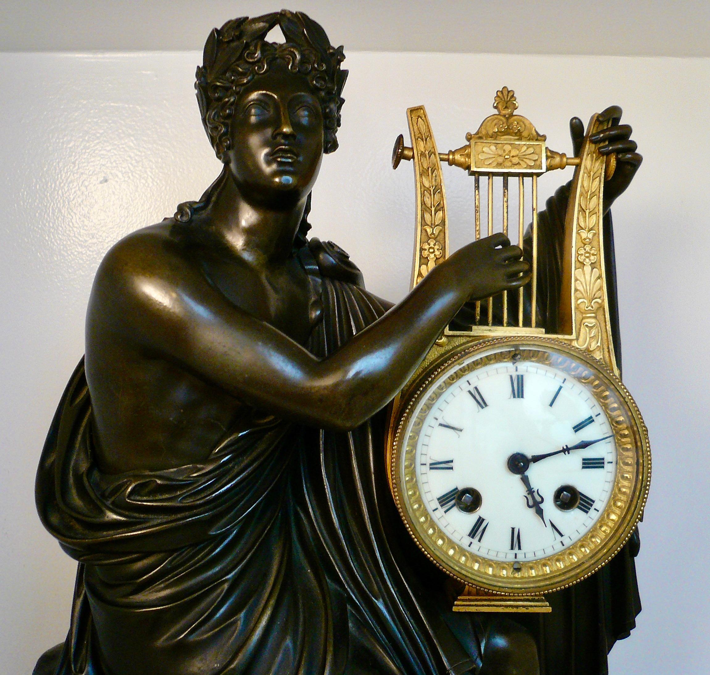Napoleon III Bronze and Sienna Marble Figural Mantel Clock of Orpheus by Destape In Good Condition In Pittsburgh, PA
