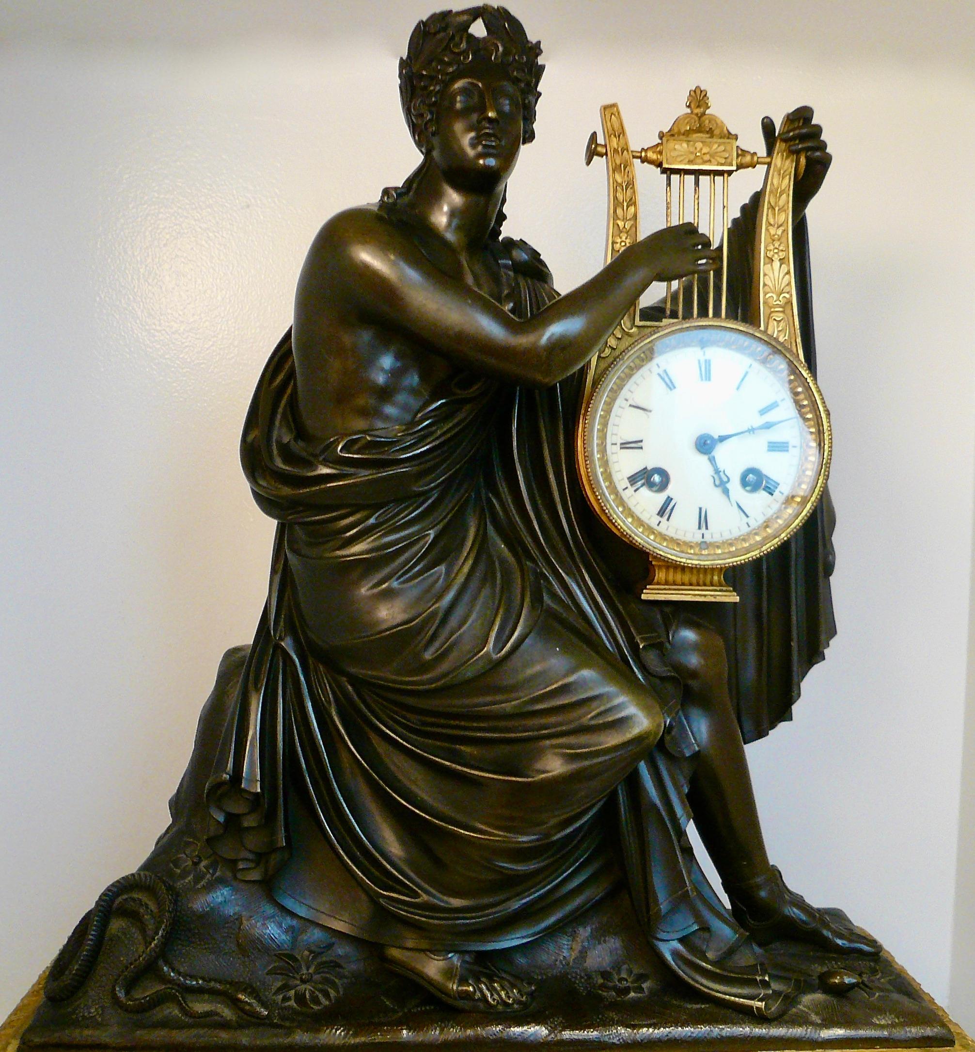 19th Century Napoleon III Bronze and Sienna Marble Figural Mantel Clock of Orpheus by Destape