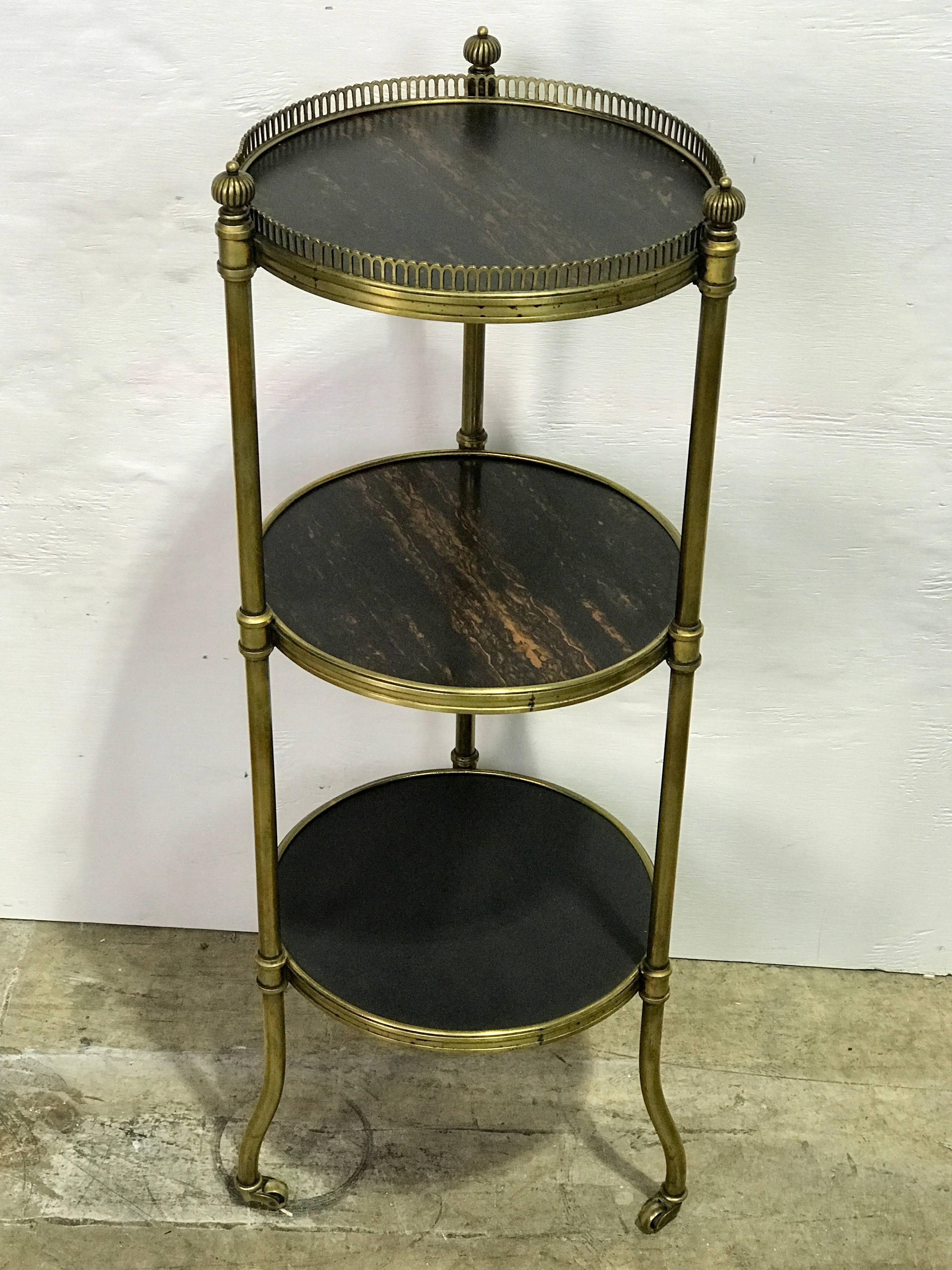 Napoleon III bronze-mounted calamander 'Zebra' wood side, of circular form with three tiers. The pierced gallery top, the upper tiers with specimen quality calamander wood, the bottom shelf with inset leather, raised on castors
The base has a 16