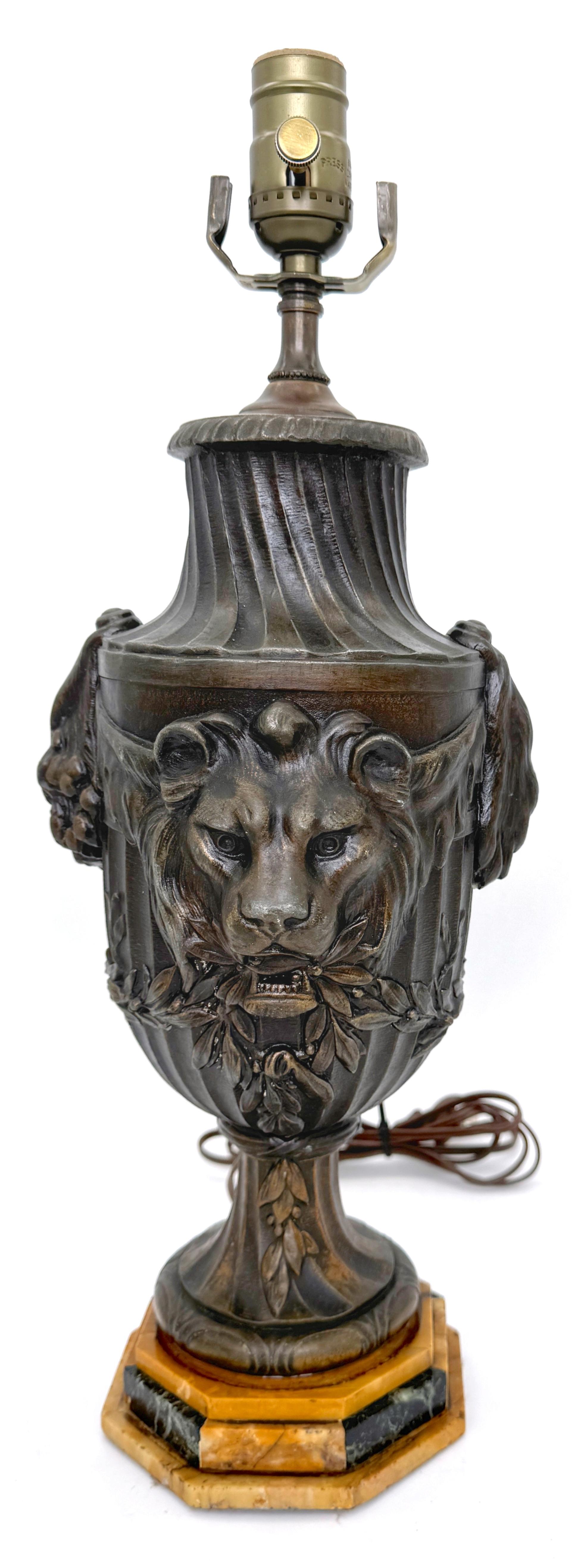 Napoleon III Bronzed Zinc 'Trophy'  Loin & Lioness & Specimen Marble Lamp 
France, 19th Century

A Napoleon III Bronzed Zinc 'Trophy' Loin & Lioness Specimen Marble Lamp from 19th-century France. This fine 'Trophy' example stands at a height of 19.5