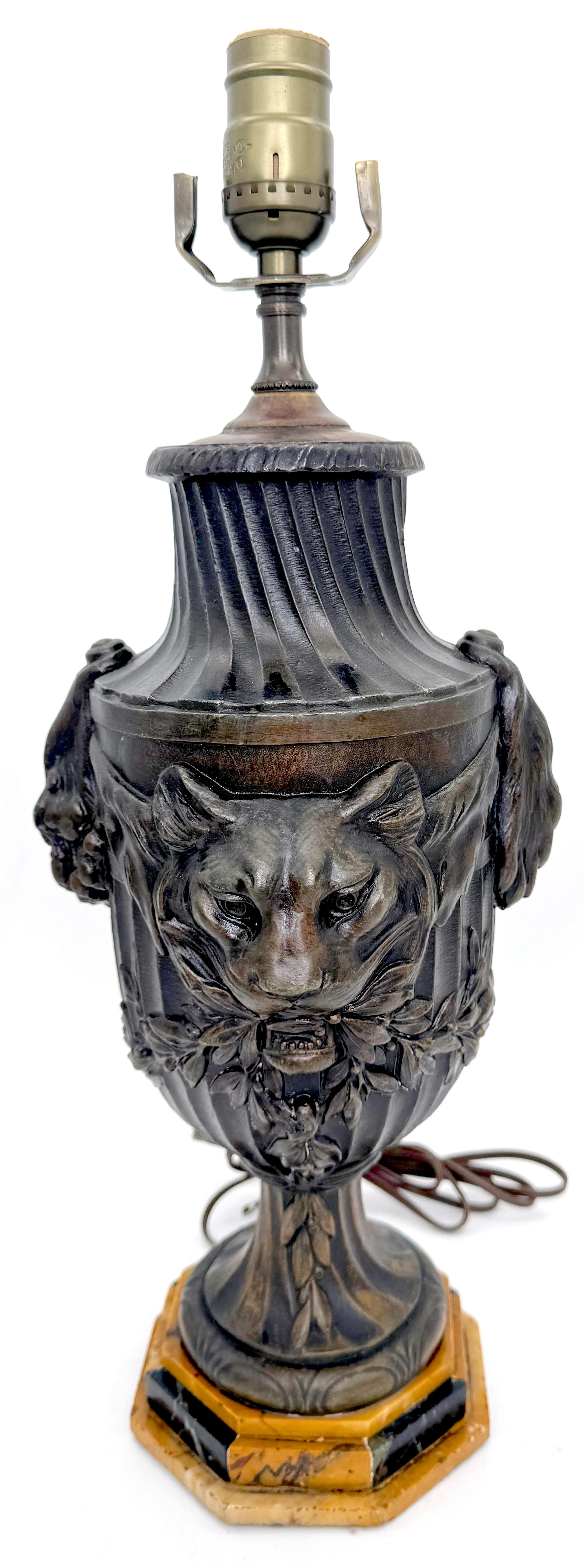 Patinated Napoleon III Bronzed Zinc 'Trophy'  Loin & Lioness & Specimen Marble Lamp 