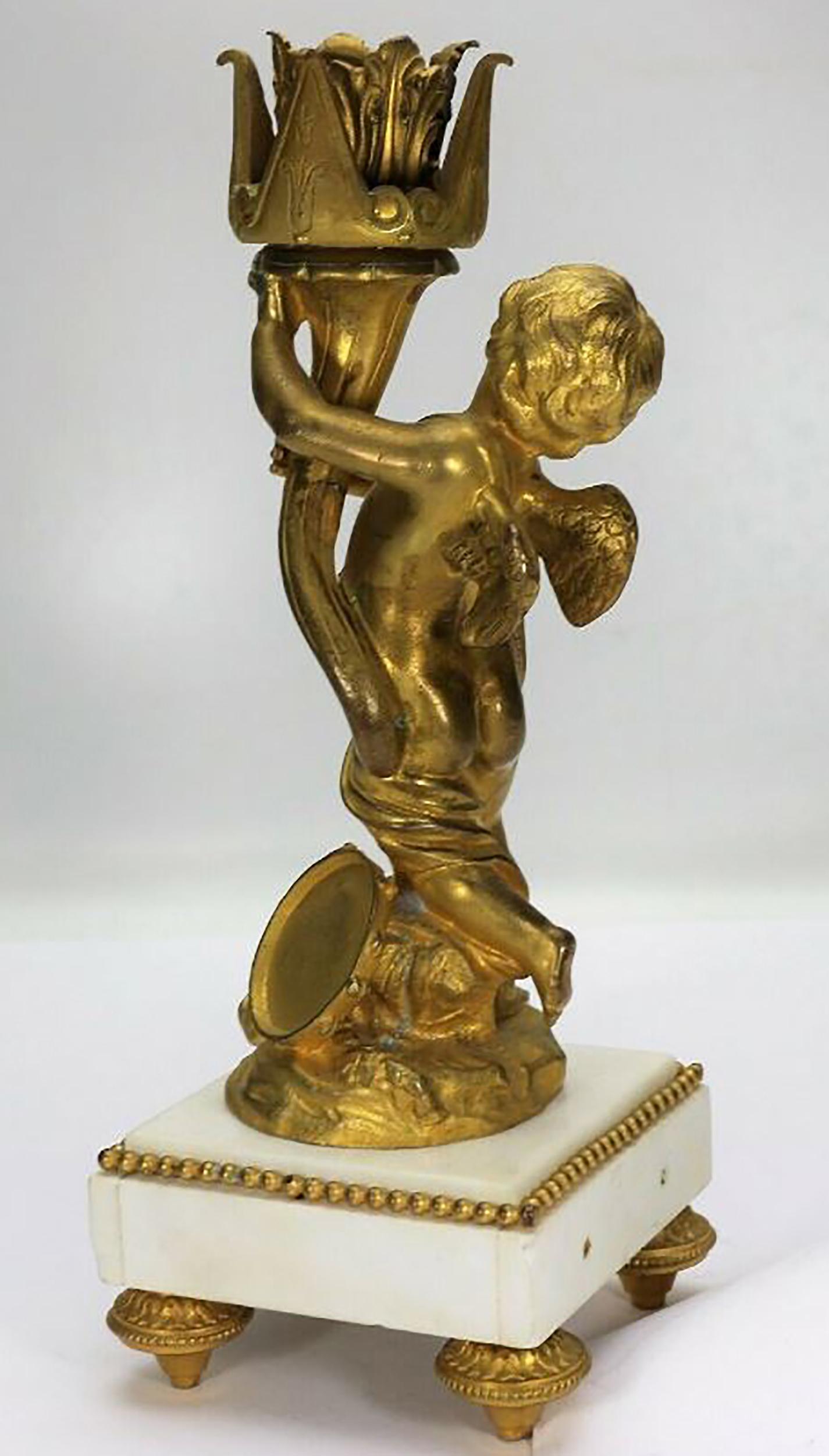 Napoleon III Candlestick Angel White Marble, and Fire-Gilt Bronze, 1860s In Good Condition For Sale In Rijssen, NL