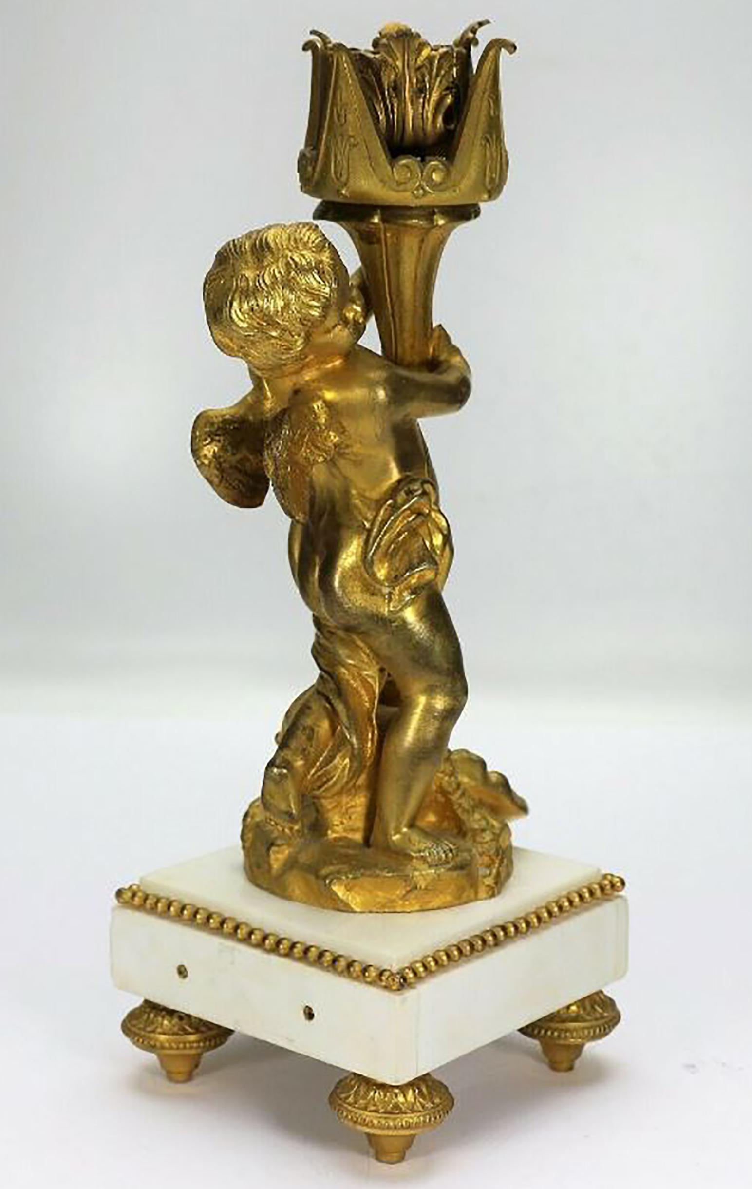 Napoleon III Candlestick Angel White Marble, and Fire-Gilt Bronze, 1860s For Sale 1