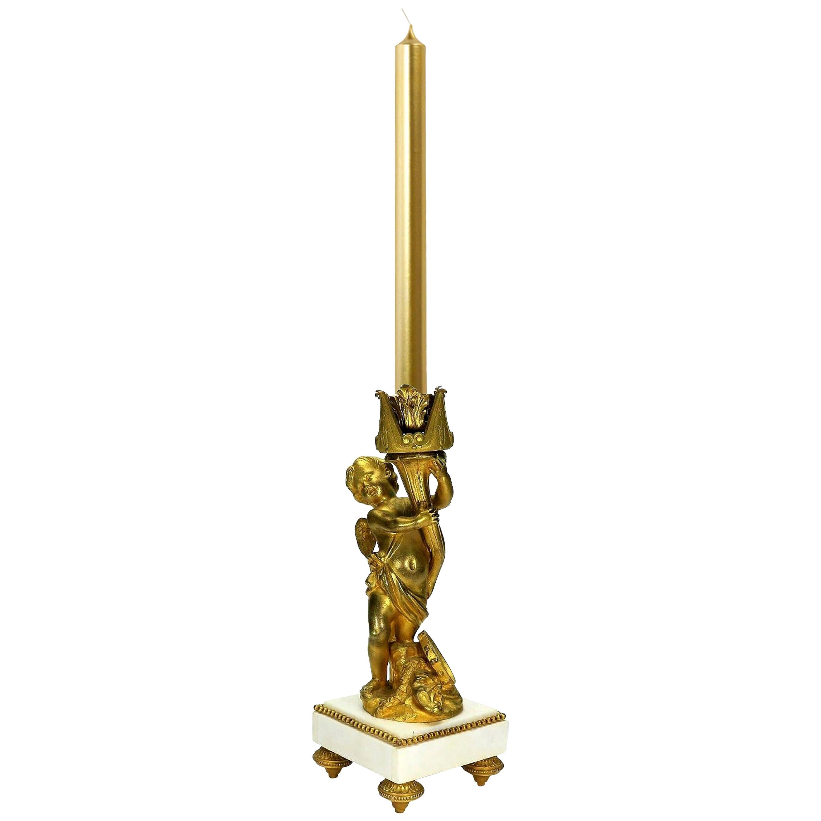 Napoleon III Candlestick Angel White Marble, and Fire-Gilt Bronze, 1860s For Sale