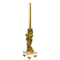 Antique Napoleon III Candlestick Angel White Marble, and Fire-Gilt Bronze, 1860s