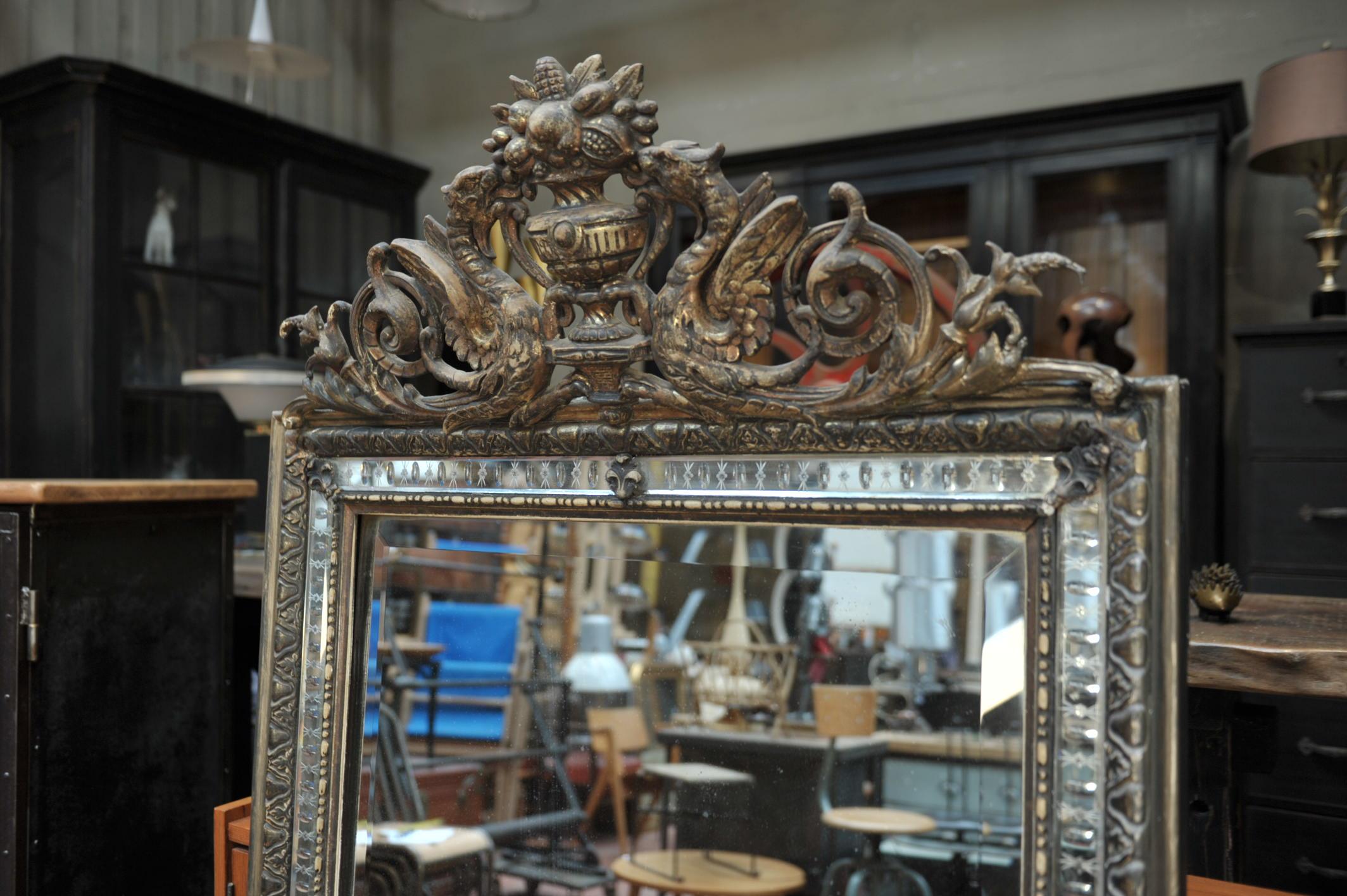 Napoleon III Carved Glass and Pine Wood Mirror, circa 1850 In Good Condition For Sale In Roubaix, FR