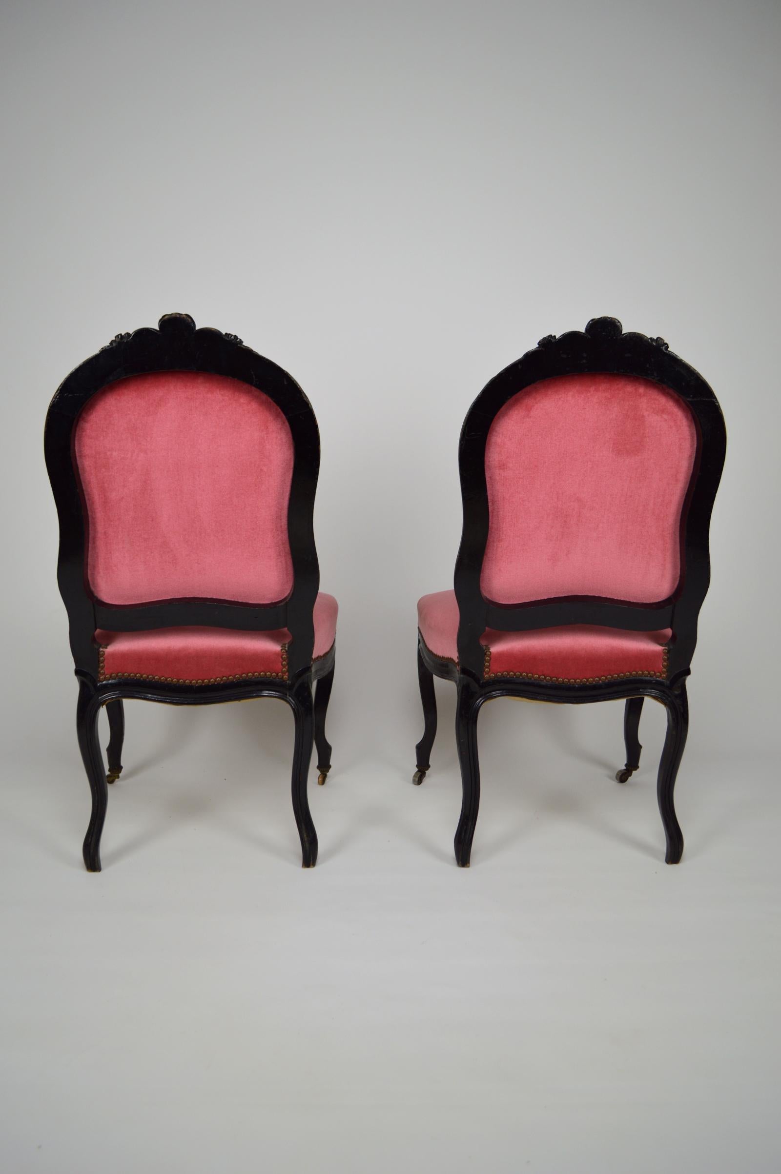 Napoleon III Chairs in Ebonized Wood and Pink Velvet, France, circa 1870 For Sale 3