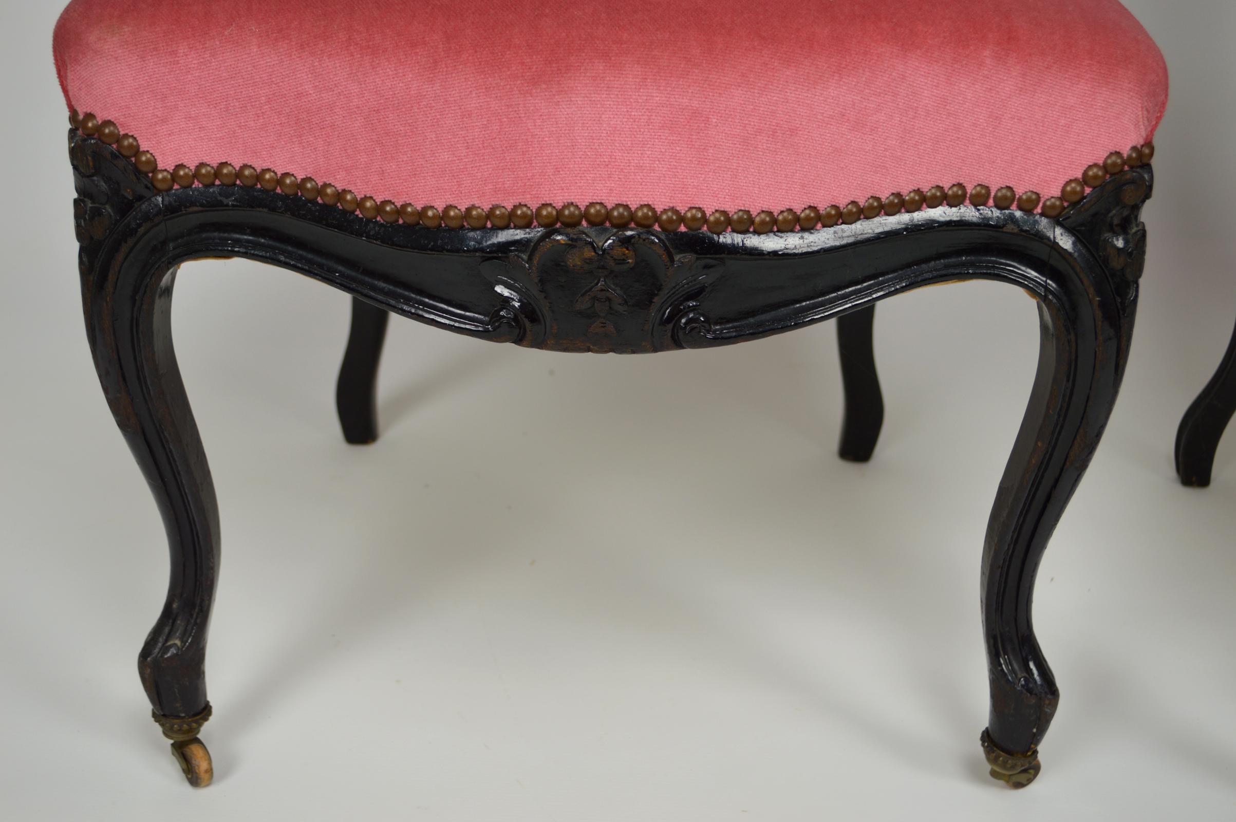 Napoleon III Chairs in Ebonized Wood and Pink Velvet, France, circa 1870 For Sale 4
