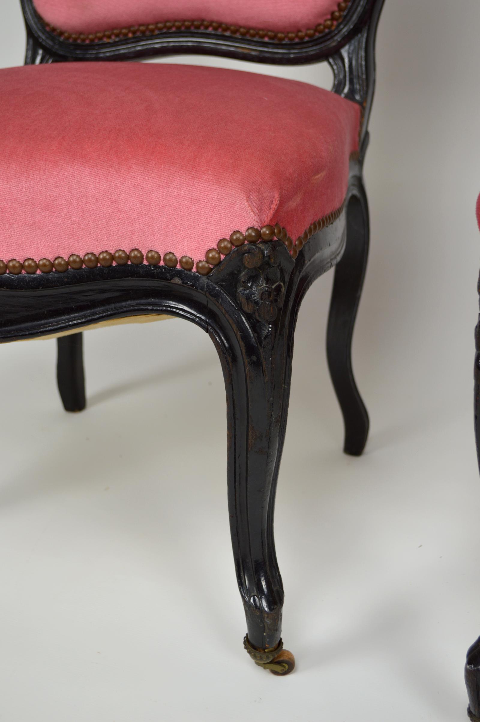 Fabric Napoleon III Chairs in Ebonized Wood and Pink Velvet, France, circa 1870 For Sale
