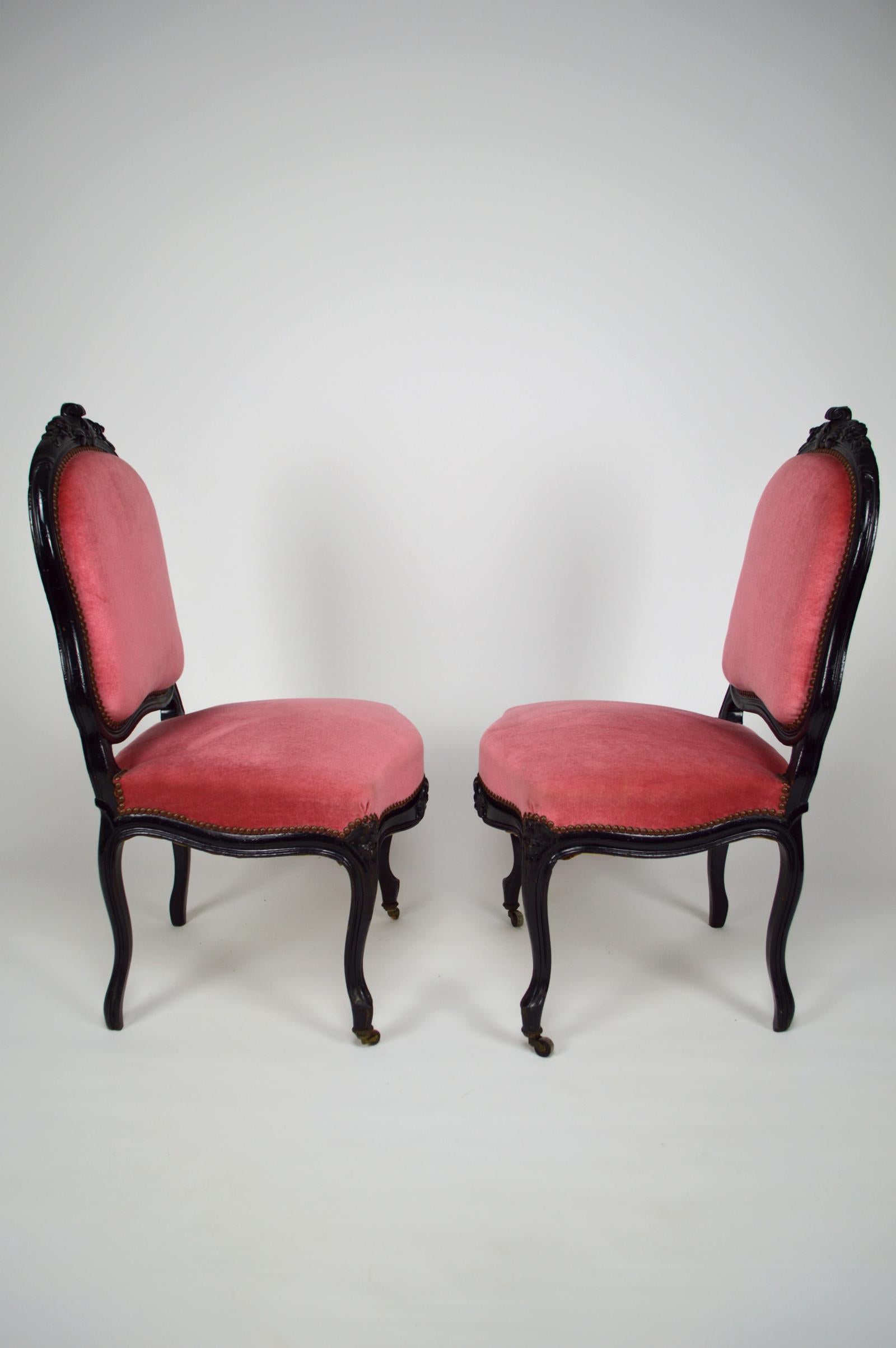 Napoleon III Chairs in Ebonized Wood and Pink Velvet, France, circa 1870 For Sale 1