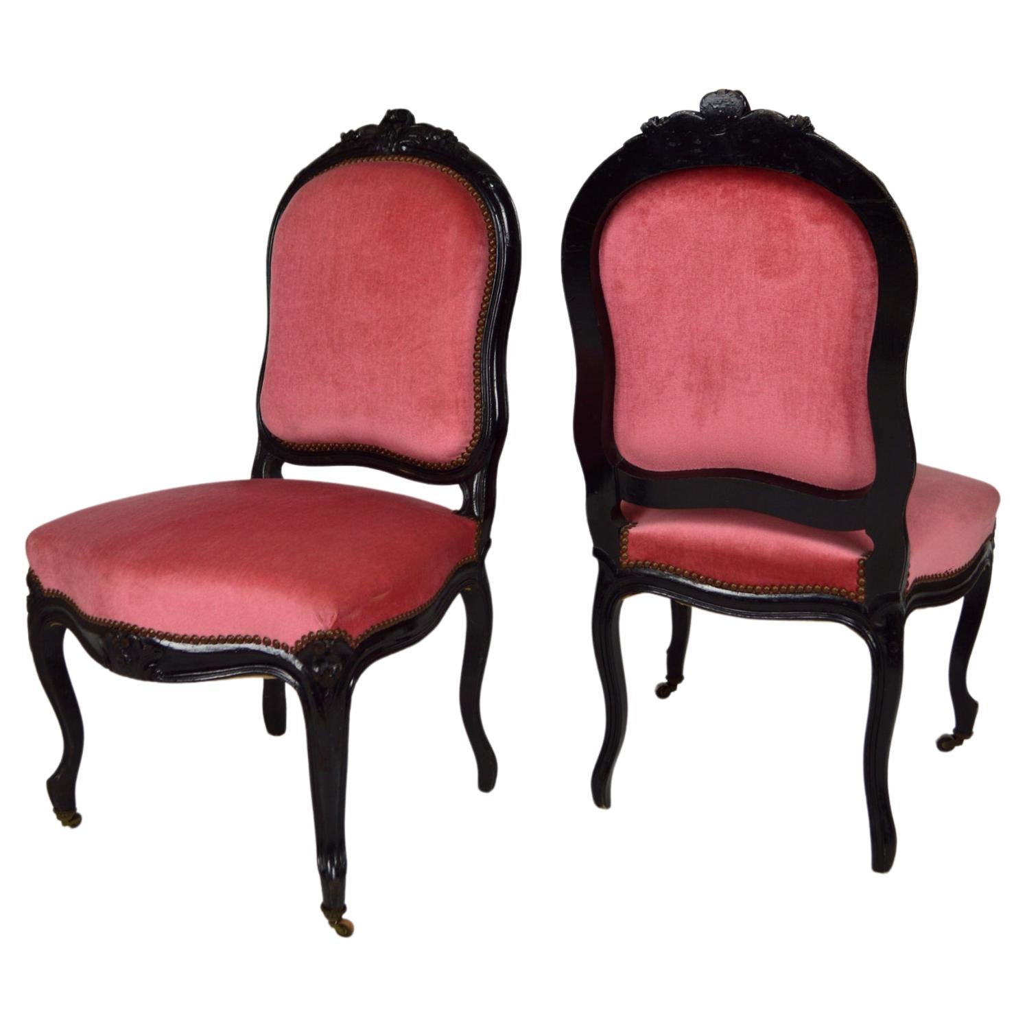 Napoleon III Chairs in Ebonized Wood and Pink Velvet, France, circa 1870 For Sale
