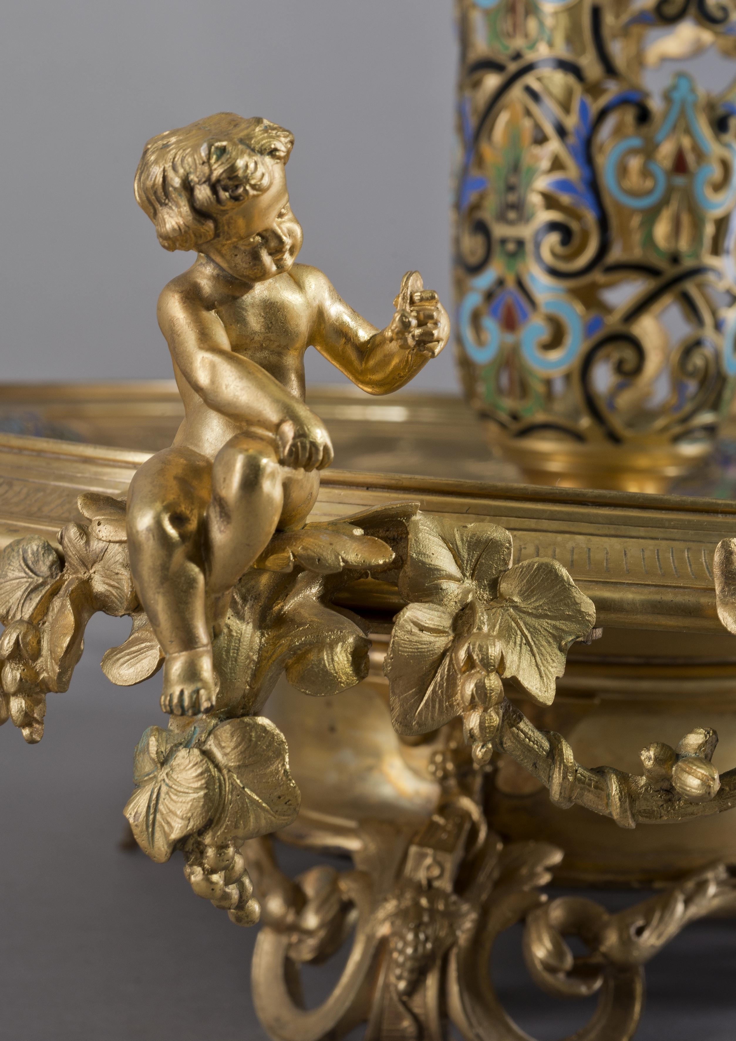 French Napoléon III Champlevé Enamel Centrepiece after Maison Giroux, circa 1870 For Sale