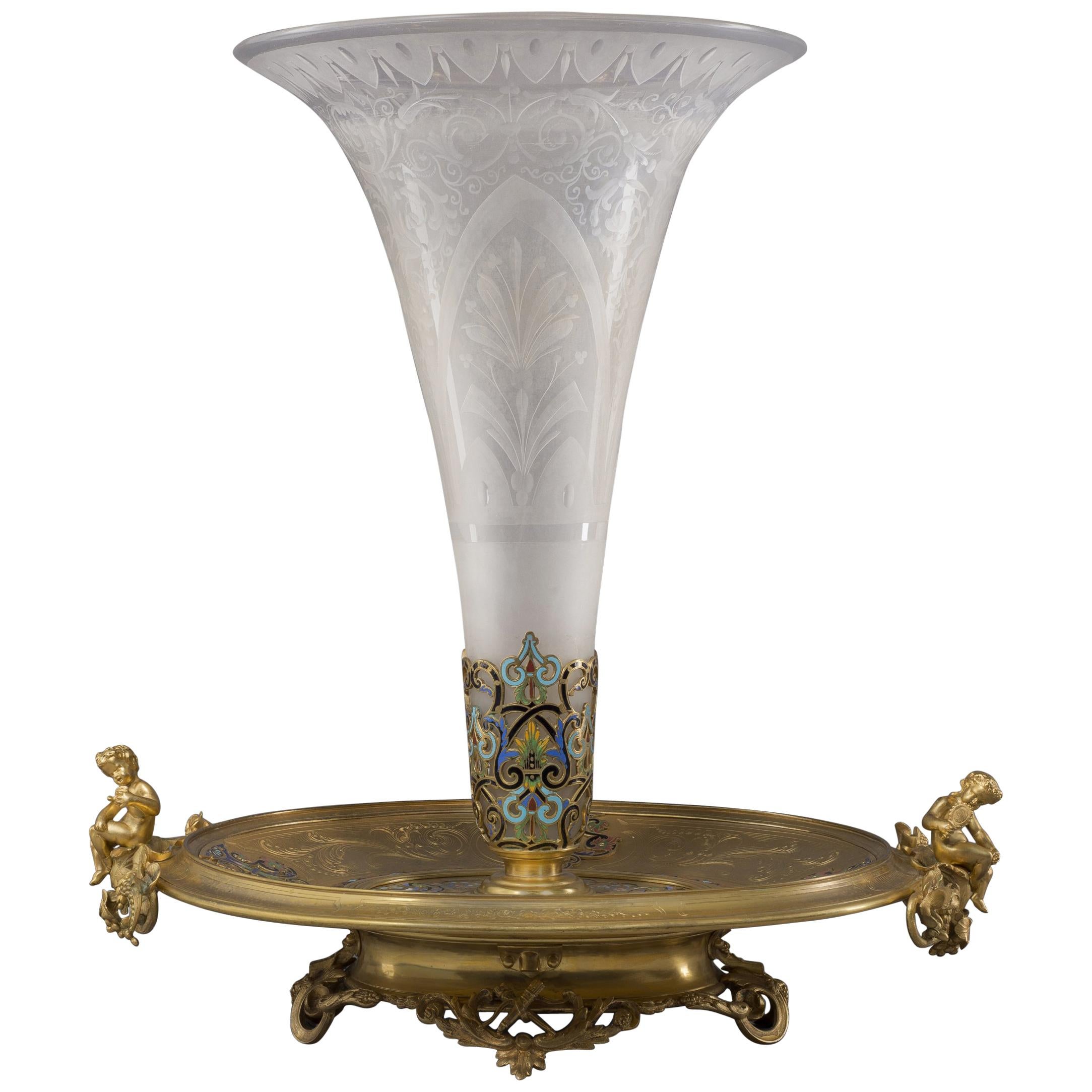 Napoléon III Champlevé Enamel Centrepiece after Maison Giroux, circa 1870 For Sale