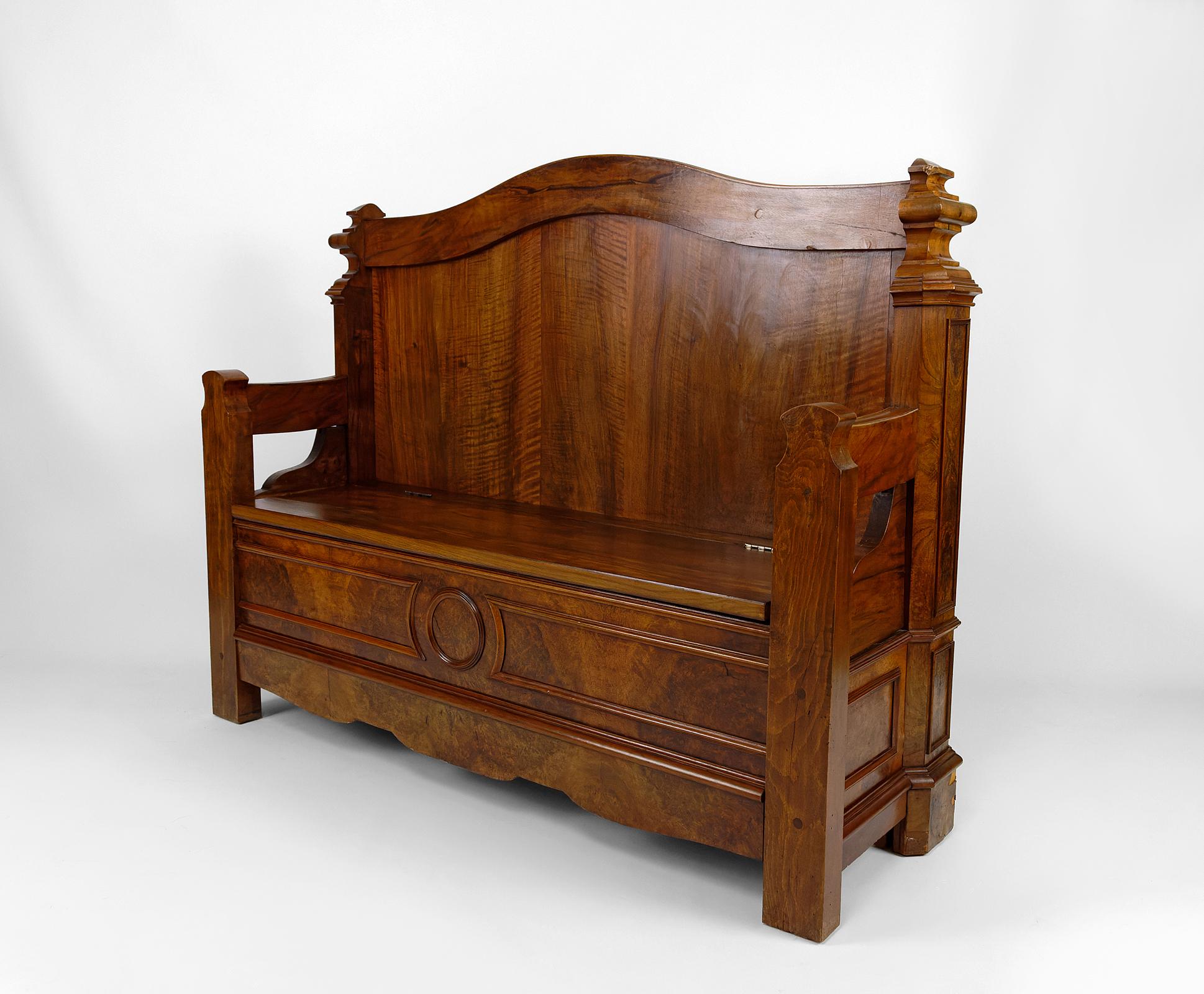 Wood Napoleon III chest bench in walnut, France, circa 1860 For Sale