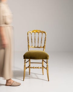 Napoleon III Chiavari Chair, Gilded Wood & Green Fabric, France, 1880