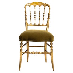 Napoleon III Chiavari Chair, Gilded Wood & Green Fabric, France, 1880