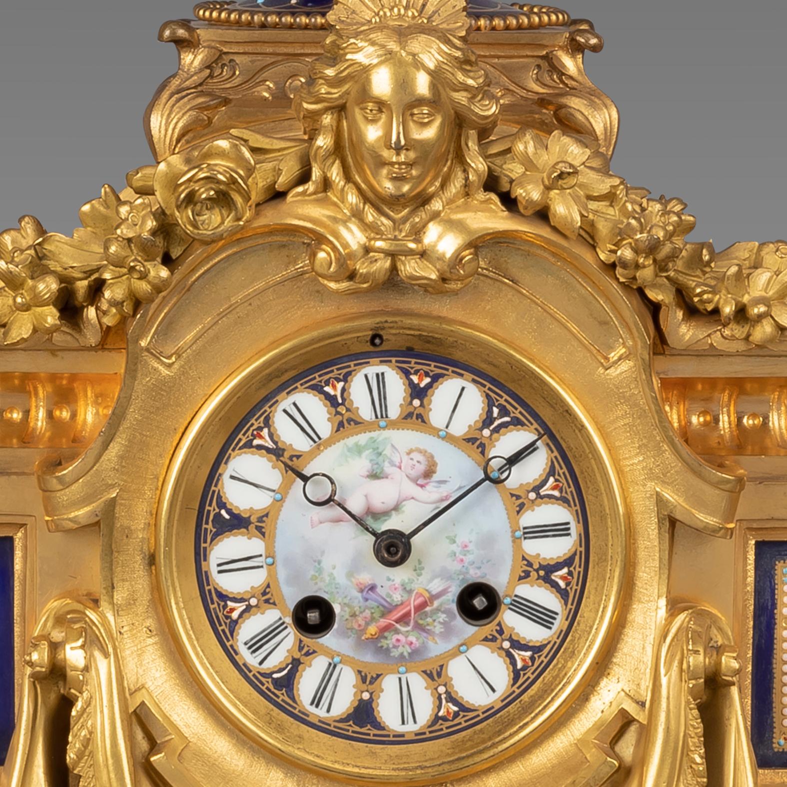 19th Century Napoleon III Clock Garniture Designed by Sévin, Cast by Barbedienne For Sale