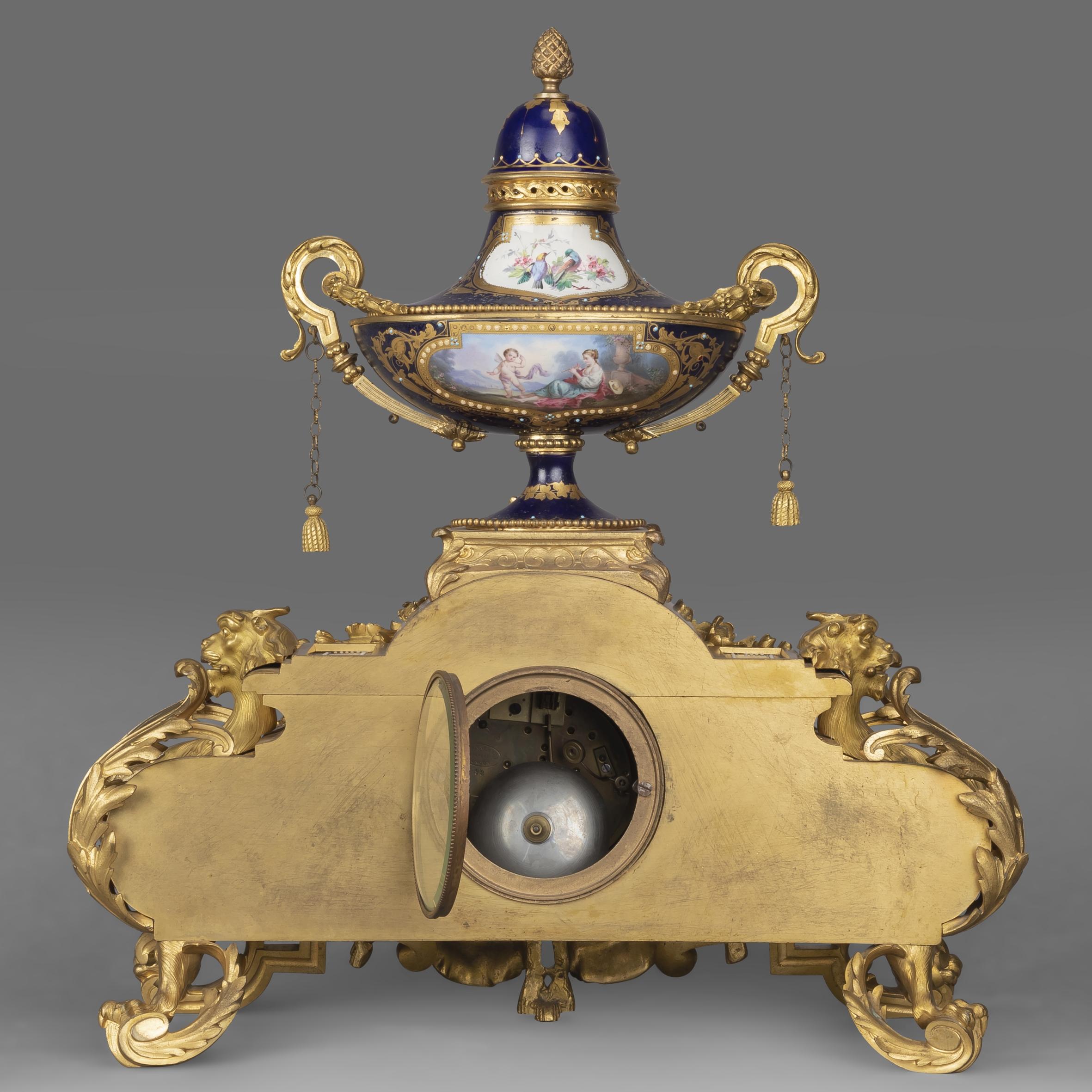 Porcelain Napoleon III Clock Garniture Designed by Sévin, Cast by Barbedienne For Sale