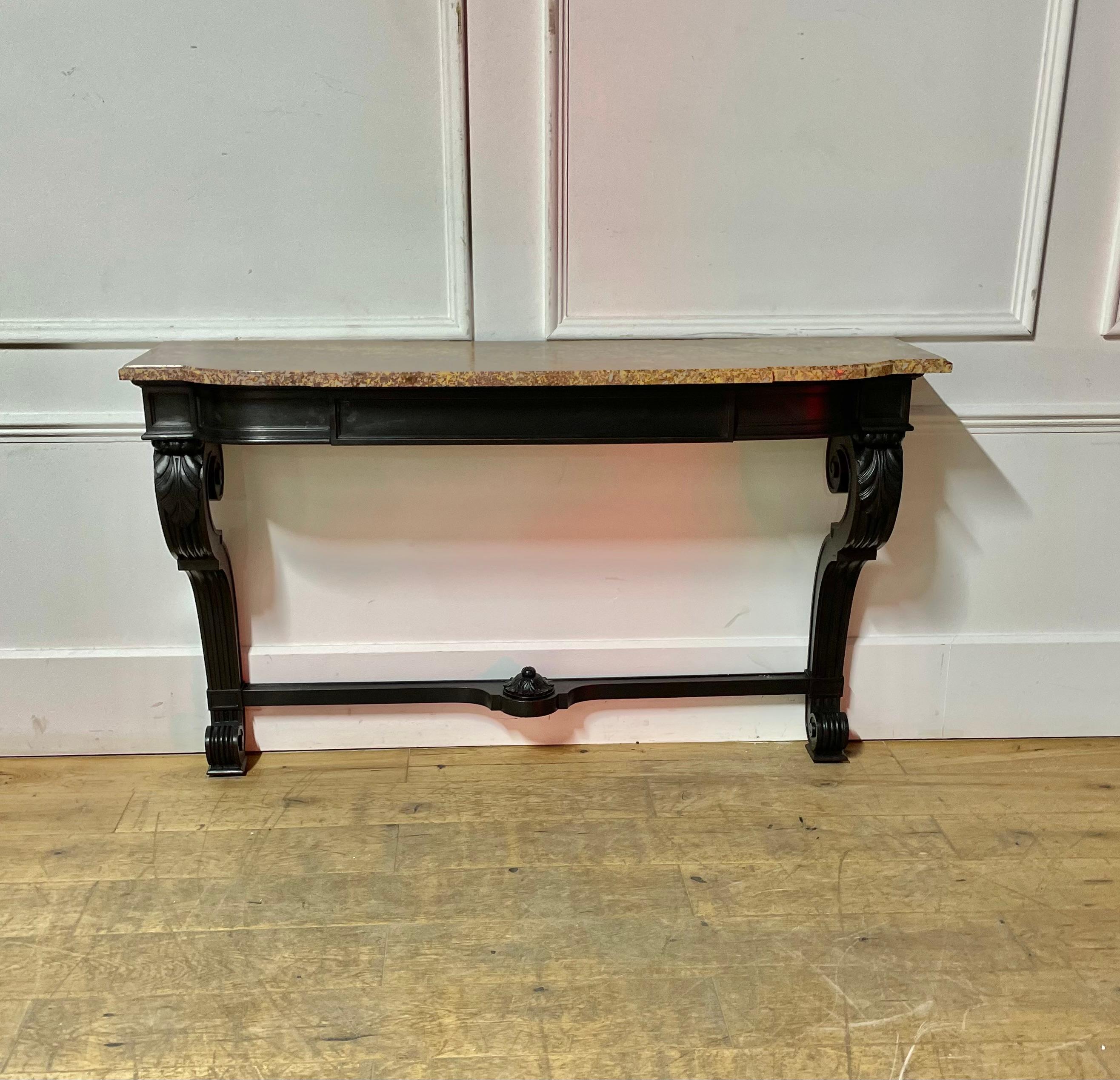 19th century very stylish painted mahogany and marble topped console table.
French circa 1860’s from the Napoleon III period.
Single drawer , black paint finish which has been waxed and polished.
The marble has historic repairs.
H: 95 cm (37