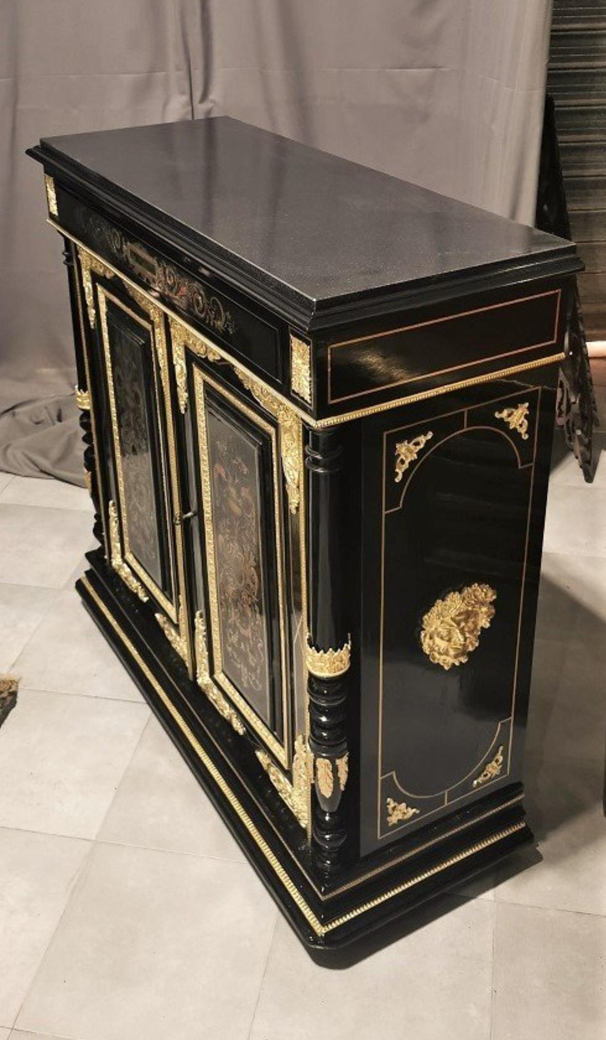 French Napoleon III Copper Brass Pewter Cabinet in Boulle Style Marquetry, France 1880