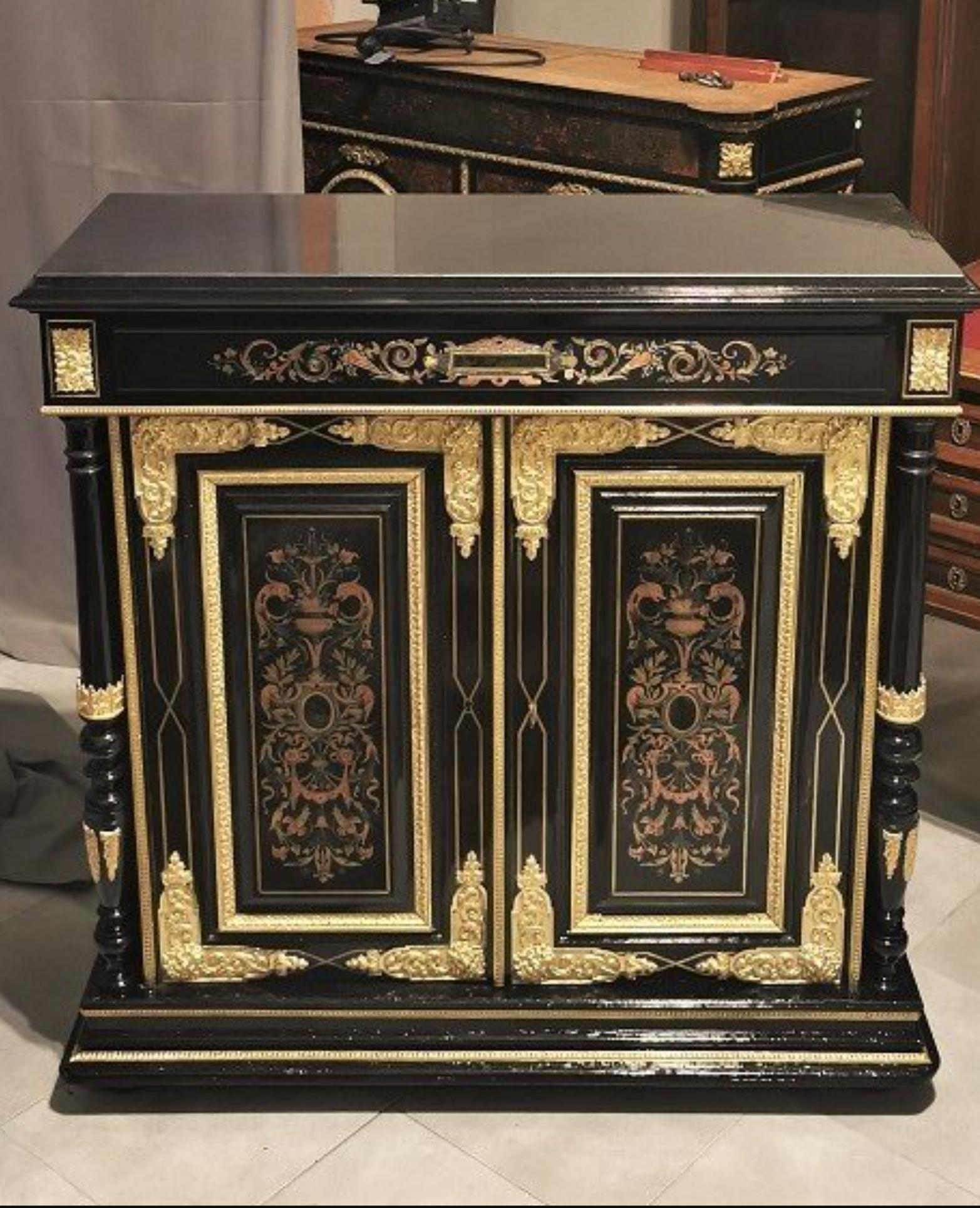 Blackened Napoleon III Copper Brass Pewter Cabinet in Boulle Style Marquetry, France 1880