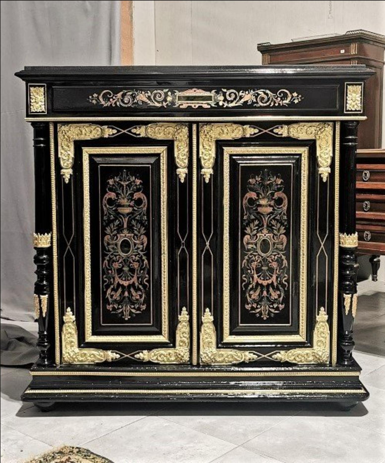 19th Century Napoleon III Copper Brass Pewter Cabinet in Boulle Style Marquetry, France 1880