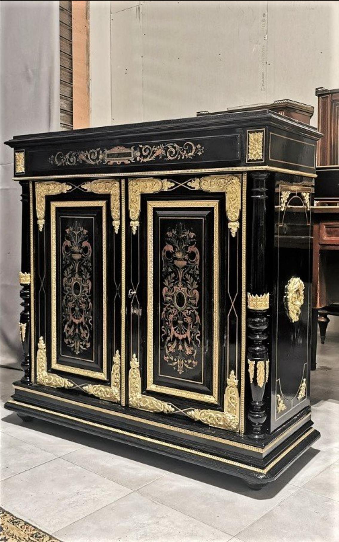 Napoleon III Copper Brass Pewter Cabinet in Boulle Style Marquetry, France 1880 1