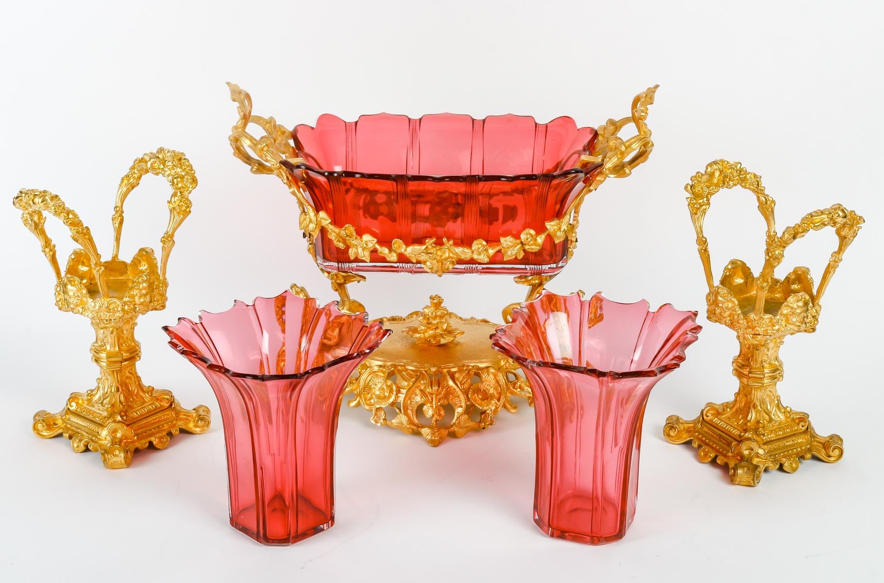 French Napoleon III Crystal Set Consisting of a Bowl and Two Cornet Vases.