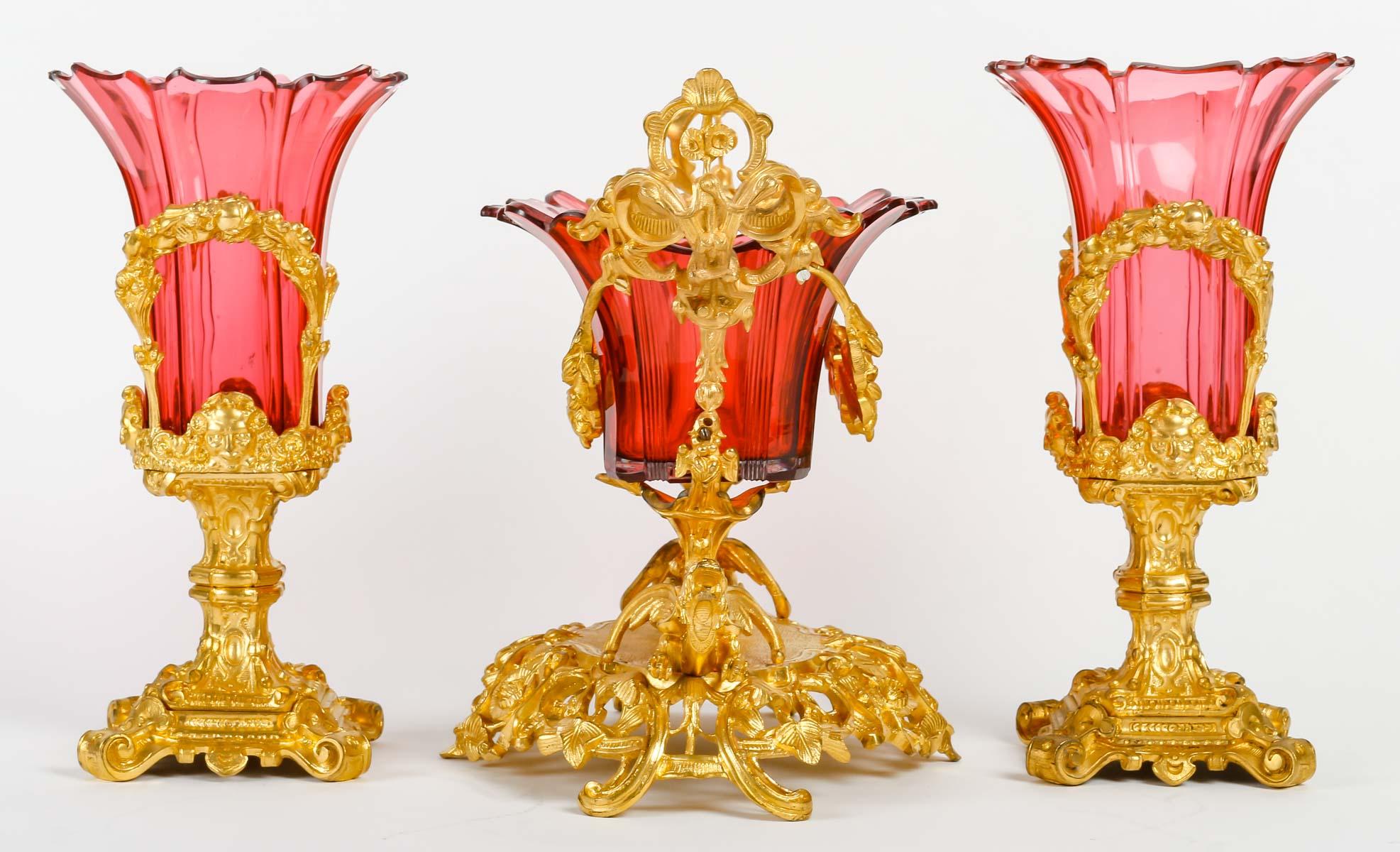 Bronze Napoleon III Crystal Set Consisting of a Bowl and Two Cornet Vases.