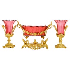 Antique Napoleon III Crystal Set Consisting of a Bowl and Two Cornet Vases.