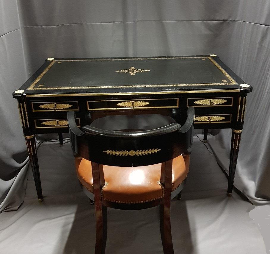 Napoleon III Desk Secretary Writing Table and Its Armchair France, 19th Century (Geschwärzt)