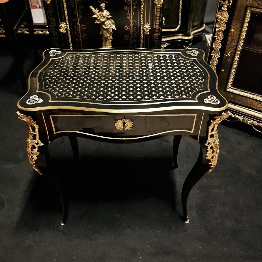 Blackened Napoleon III Desk Writing Table in Queen's Boulle Marquetry, 19th Century