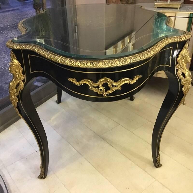 Napoleon III Desk, Ebonized Wood and Bronzes, 1900s In Good Condition In Florence, IT