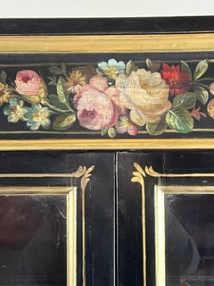 Napoleon III Display Cabinet in Black Lacquered Wood with Floral Painted Decorat