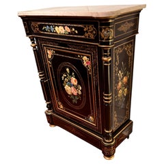Napoleon III Ebonized Cabinet, Hand Painted Floral Medallions, 1880