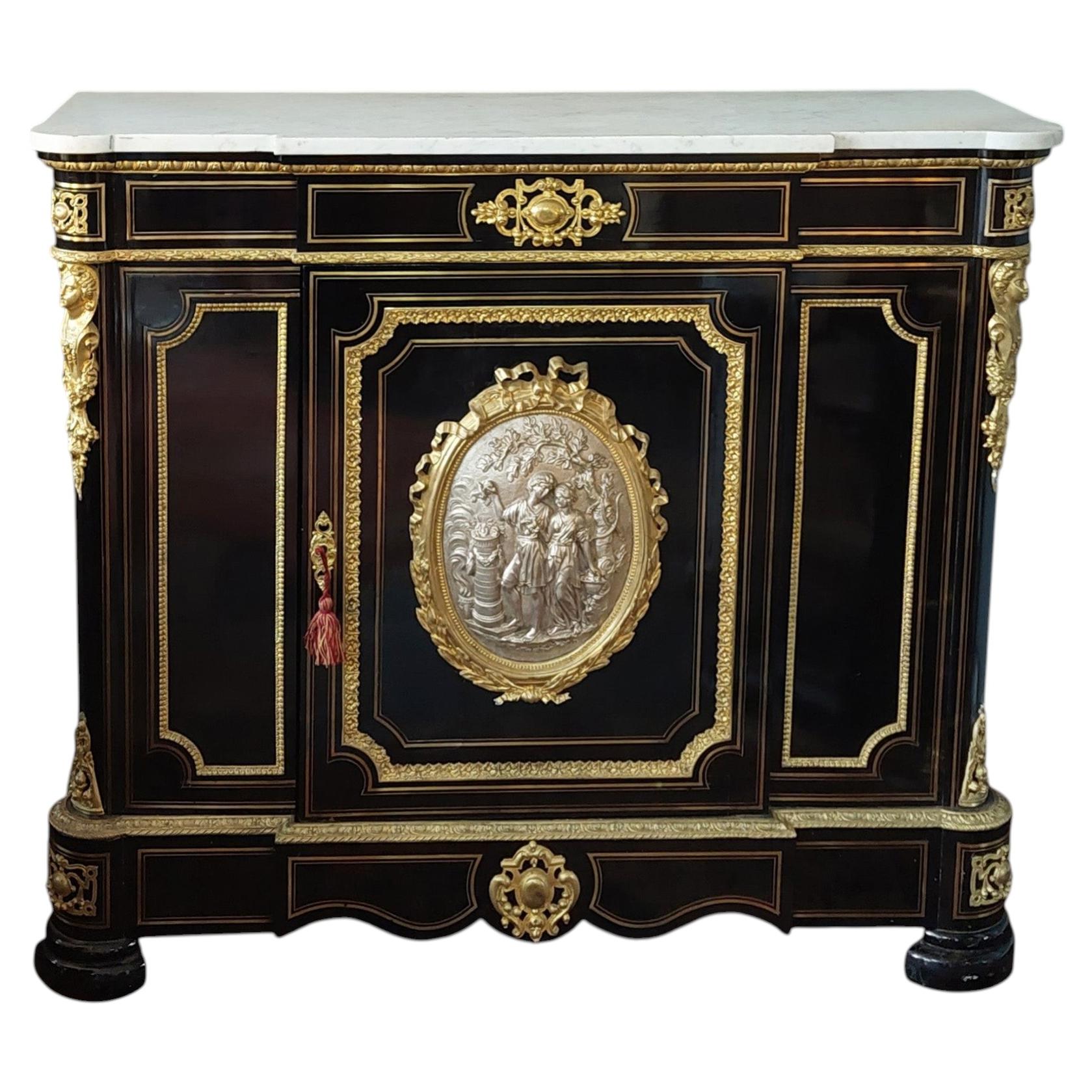 Napoleon III Ebonized & Marble Topped Side Cabinet
