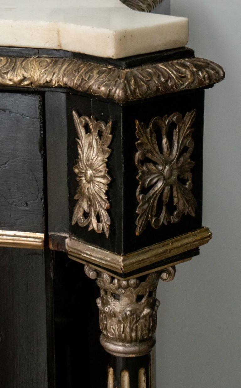 Napoleon III French Second Empire Monumental Ebonized and Parcel Silvered Meuble d'Appui Cabinet, with white marble top, long drawer over pair of doors opening up to three interior burlwood drawers, flanked by fluted columns. Provenance: Property