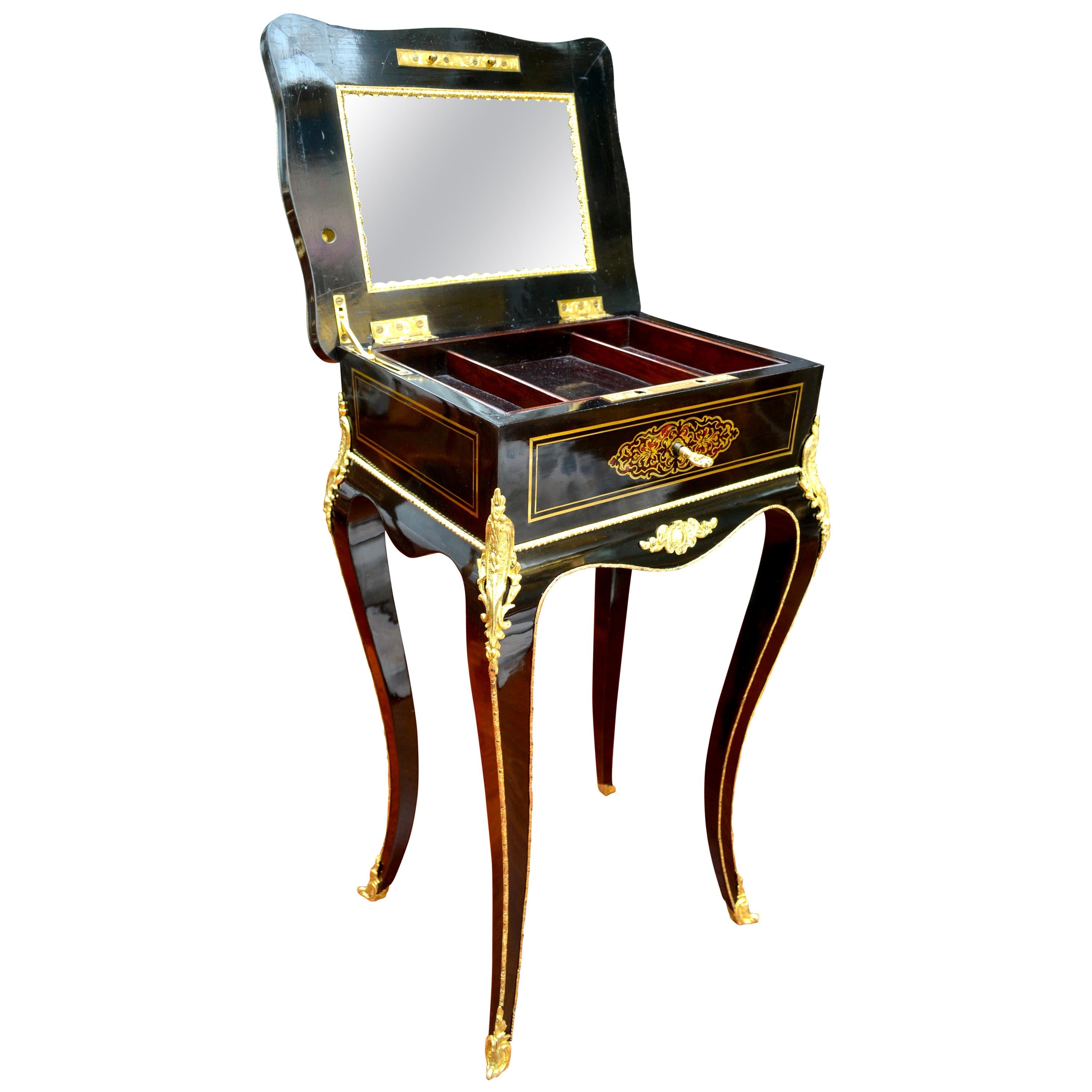 Napoleon III Ebonized Wood, Brass Inlay and Ormolu Jewelry Table by Tahan