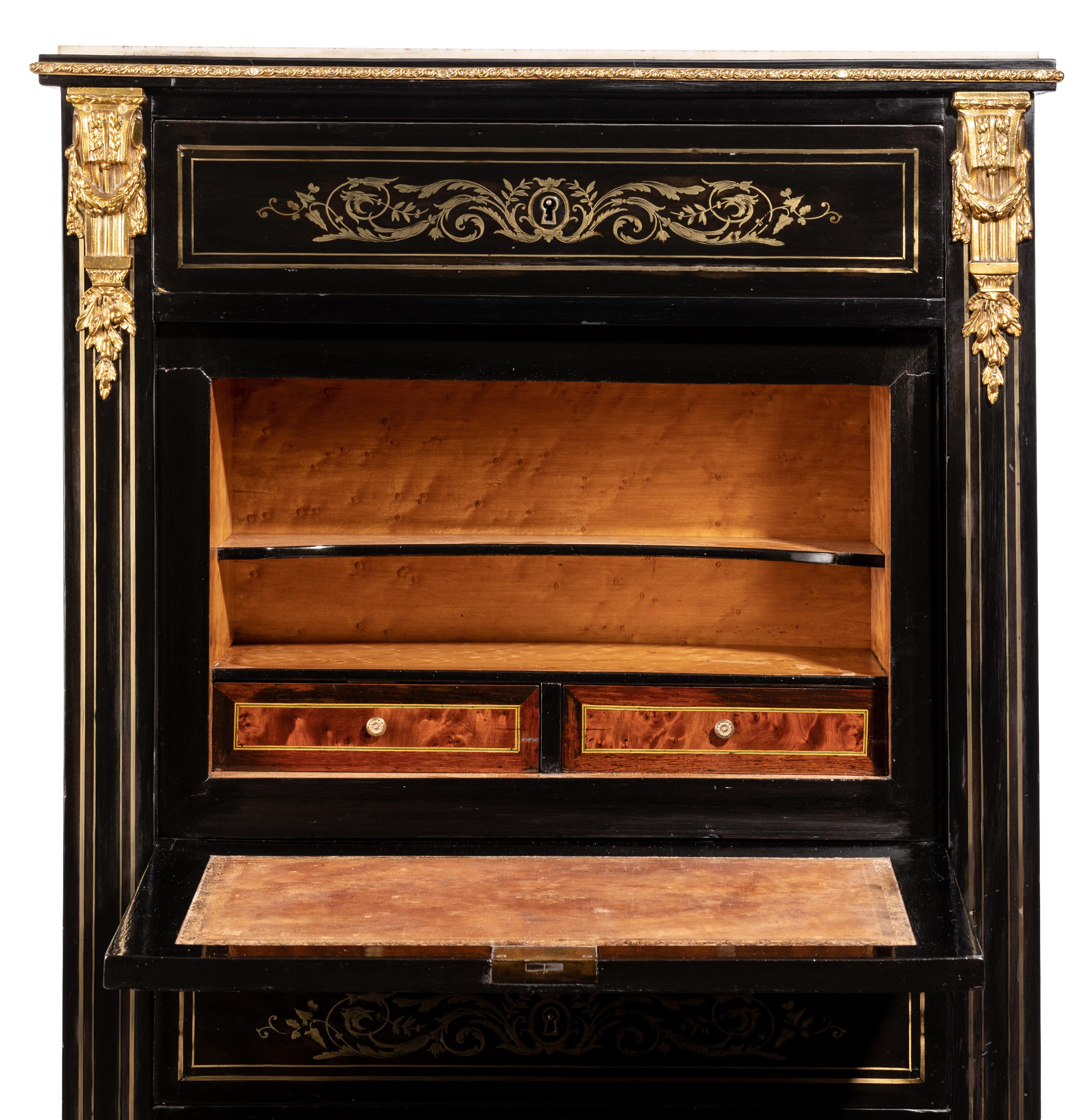 Chiffoniere Napoleone III in ebano con scrivania, intarsi in ottone in vendita 3