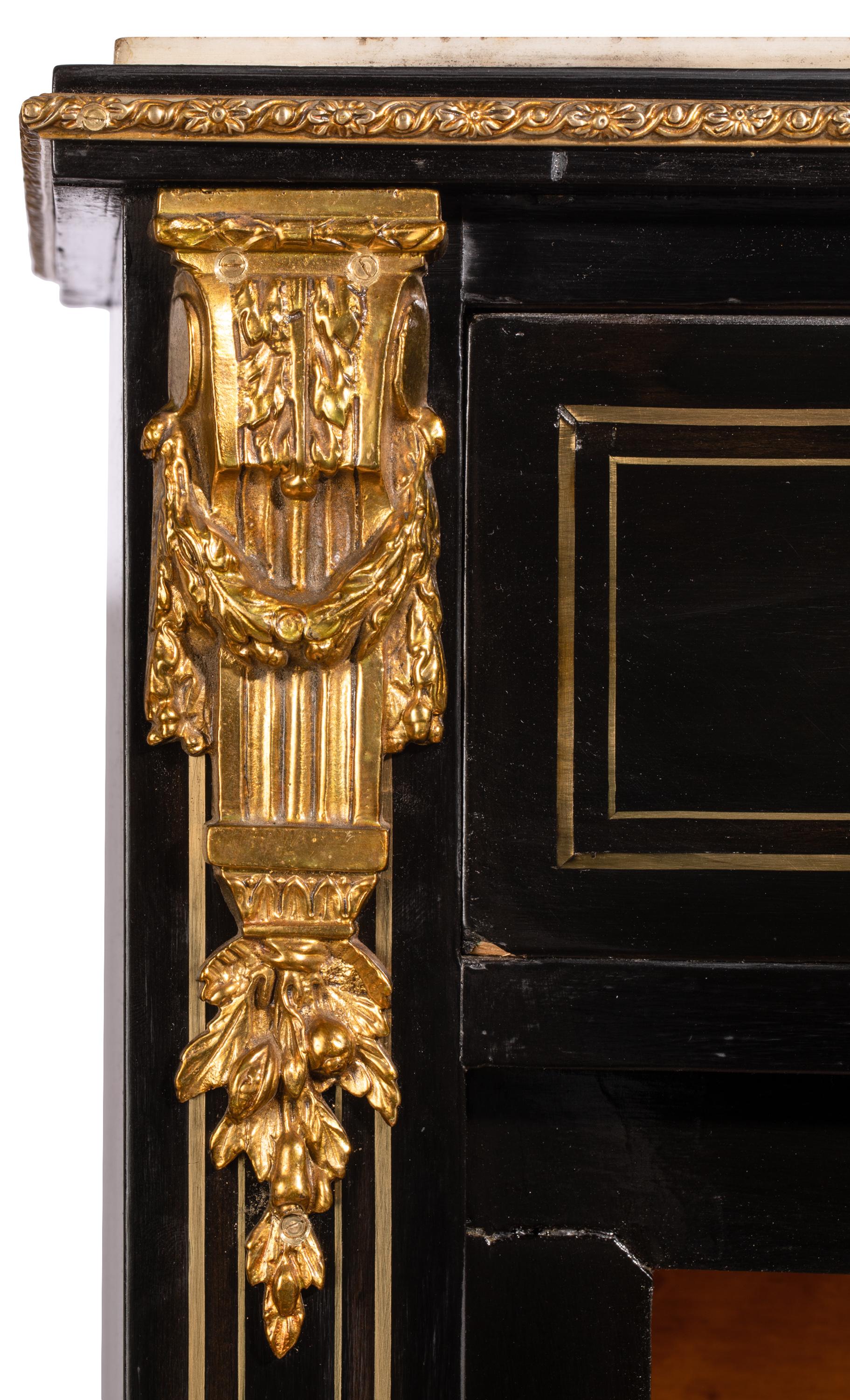 Chiffoniere Napoleone III in ebano con scrivania, intarsi in ottone in vendita 9